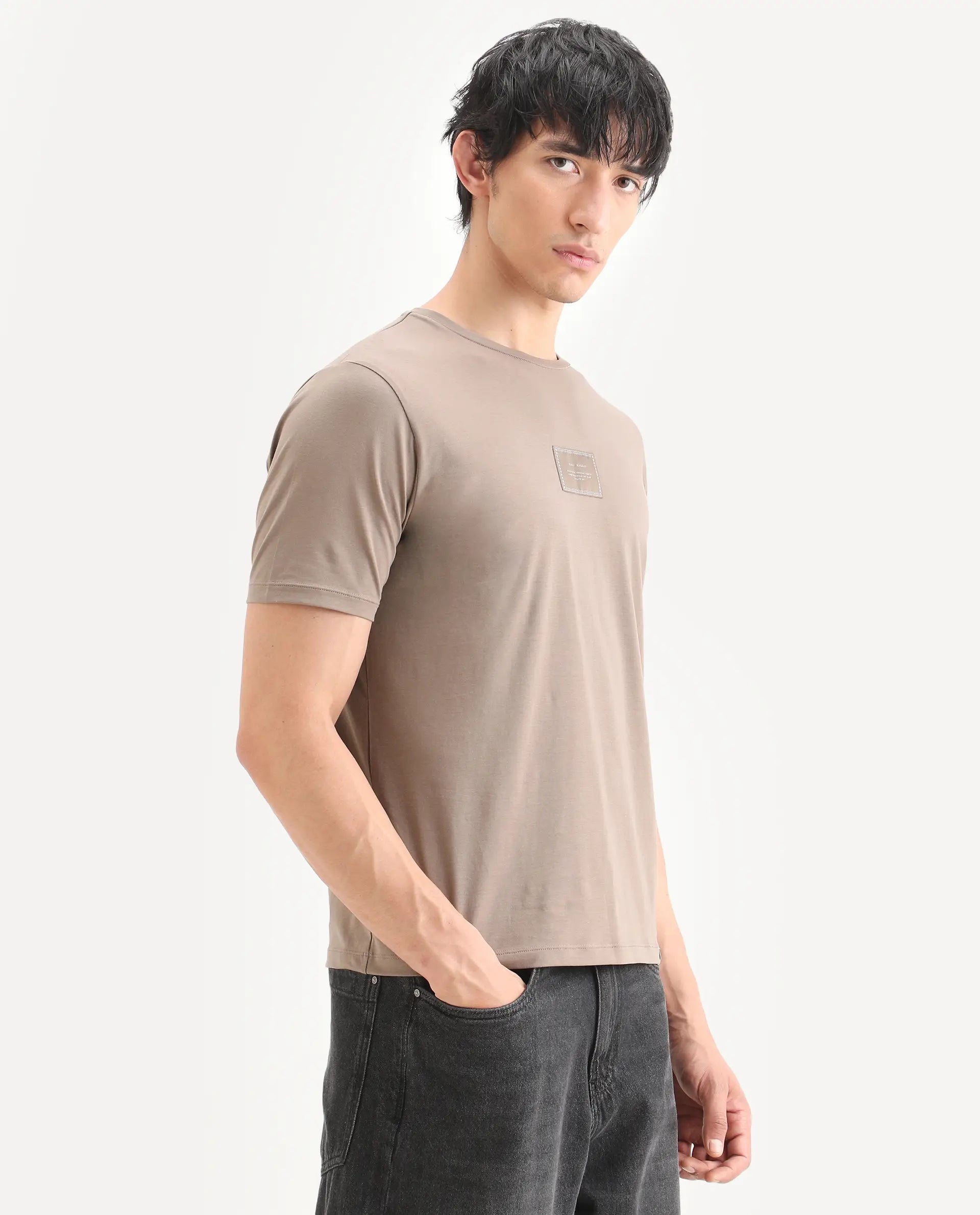 Rare Rabbit Men's Frea Beige Cotton Blend Fabric Half Sleeve Crew Neck Regular Fit Plain T-Shirt