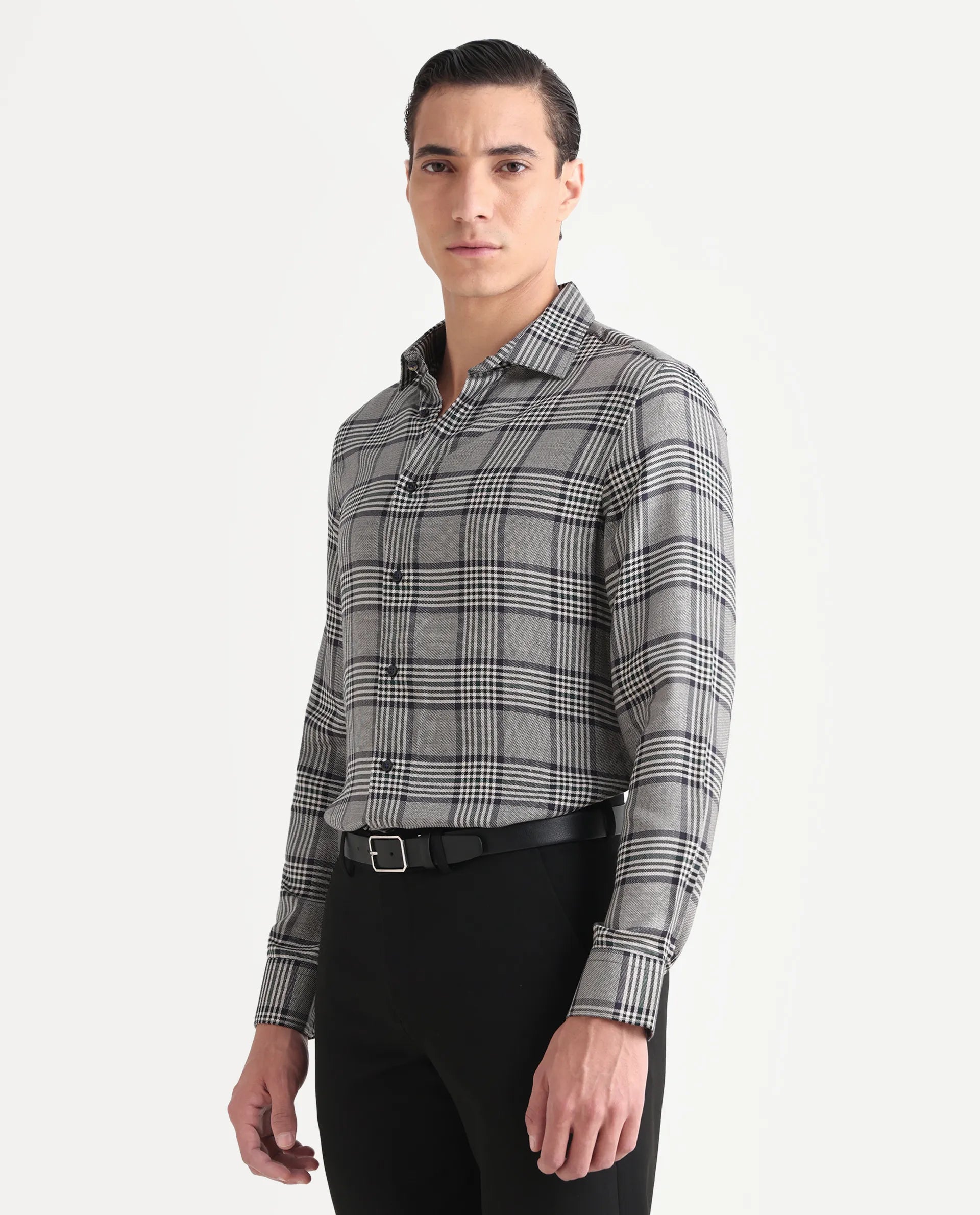 Rare Rabbit Men's Fredo-25 Light Grey Tencel Fabric Collared Neck Regular Fit Checks Shirt