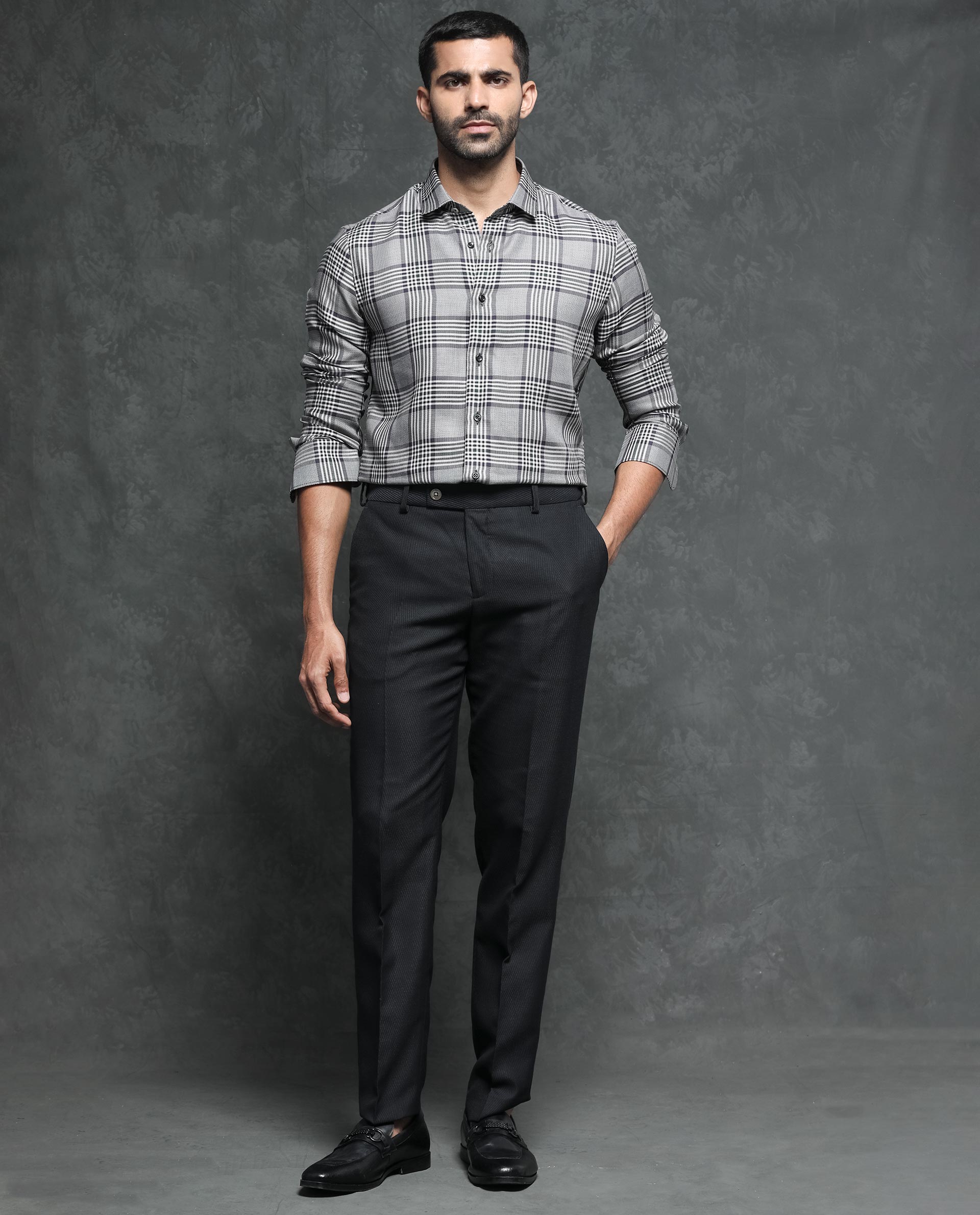 Rare Rabbit Men's Fredo Grey Tencel Fabric Full Sleeves Checks Shirt