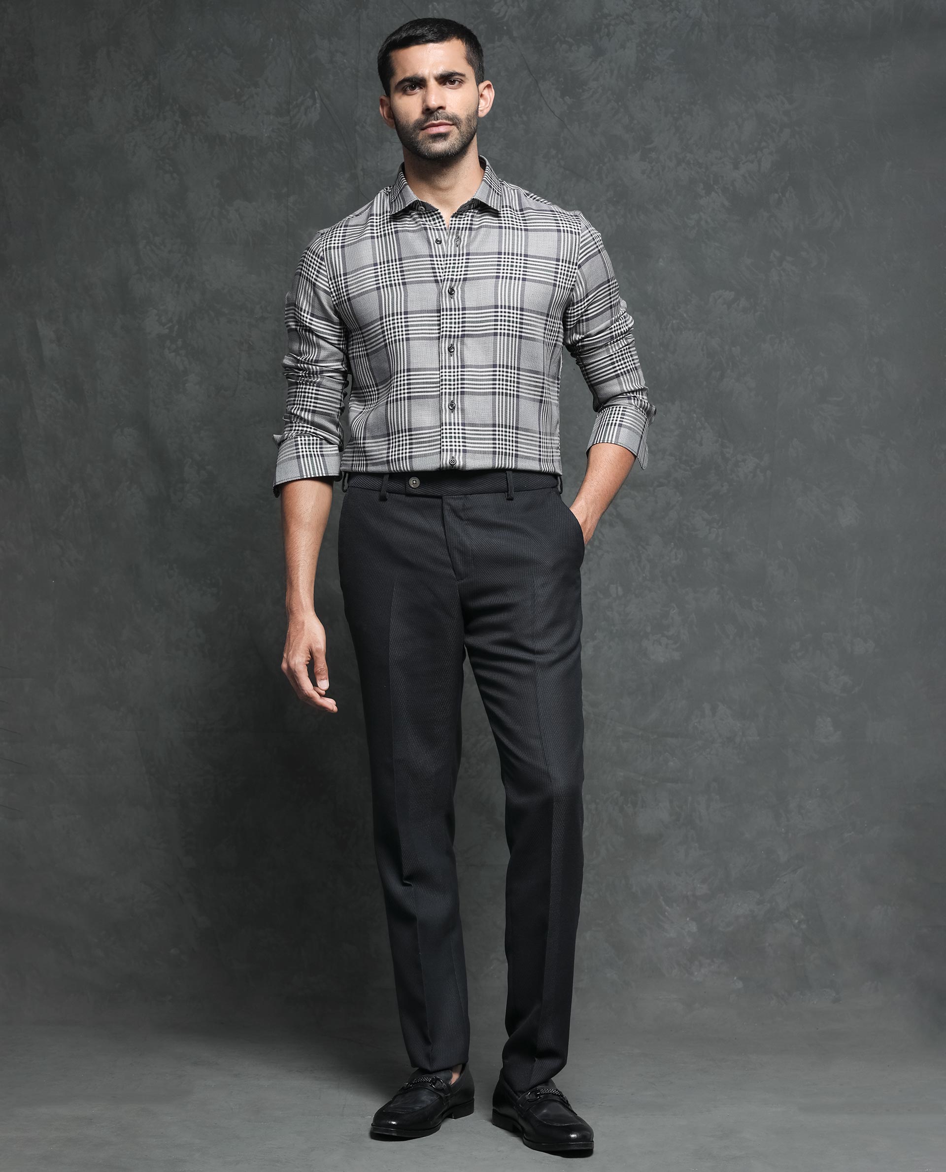 Rare Rabbit Men's Fredo Grey Tencel Fabric Full Sleeves Checks Shirt