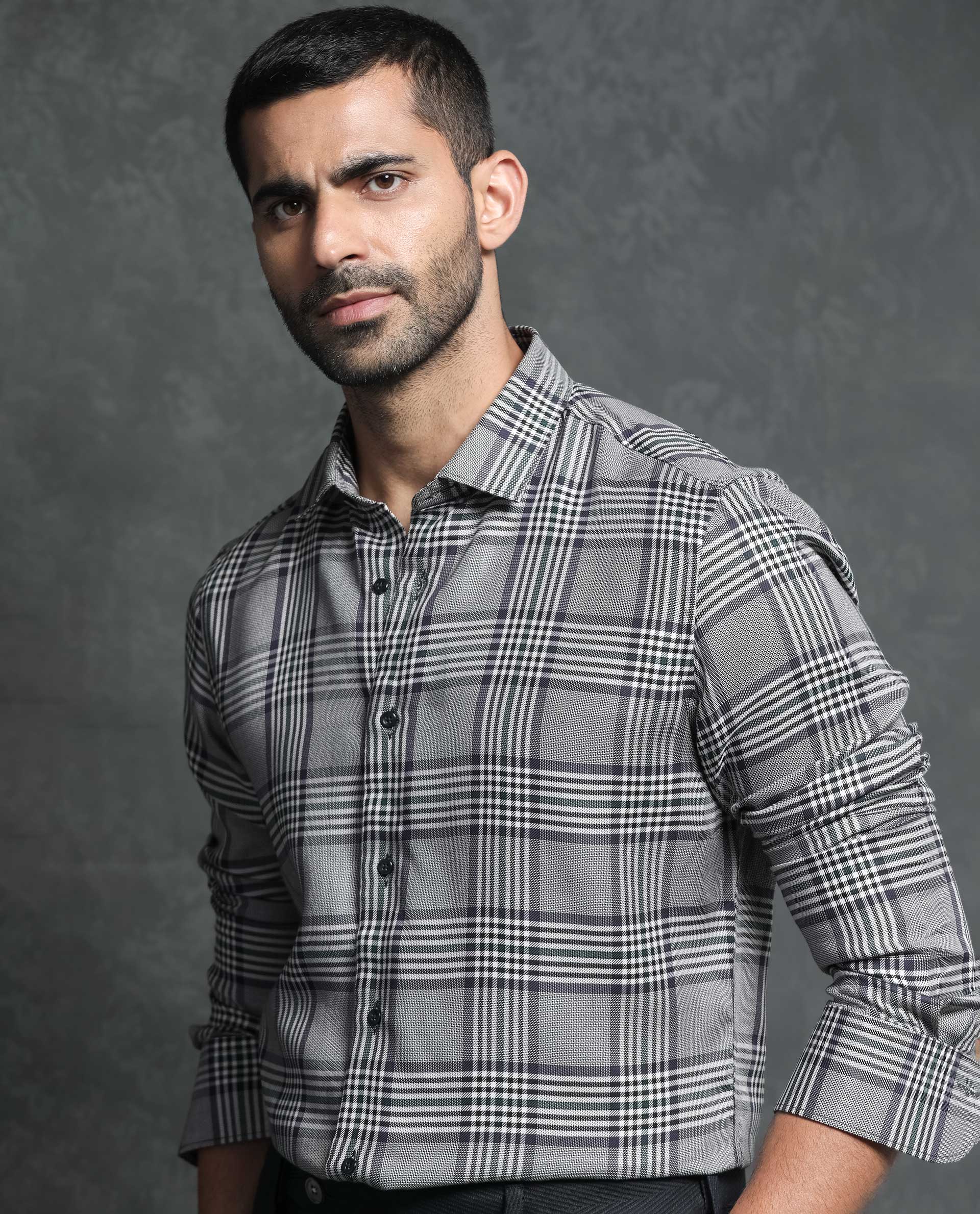 Rare Rabbit Men's Fredo Grey Tencel Fabric Full Sleeves Checks Shirt