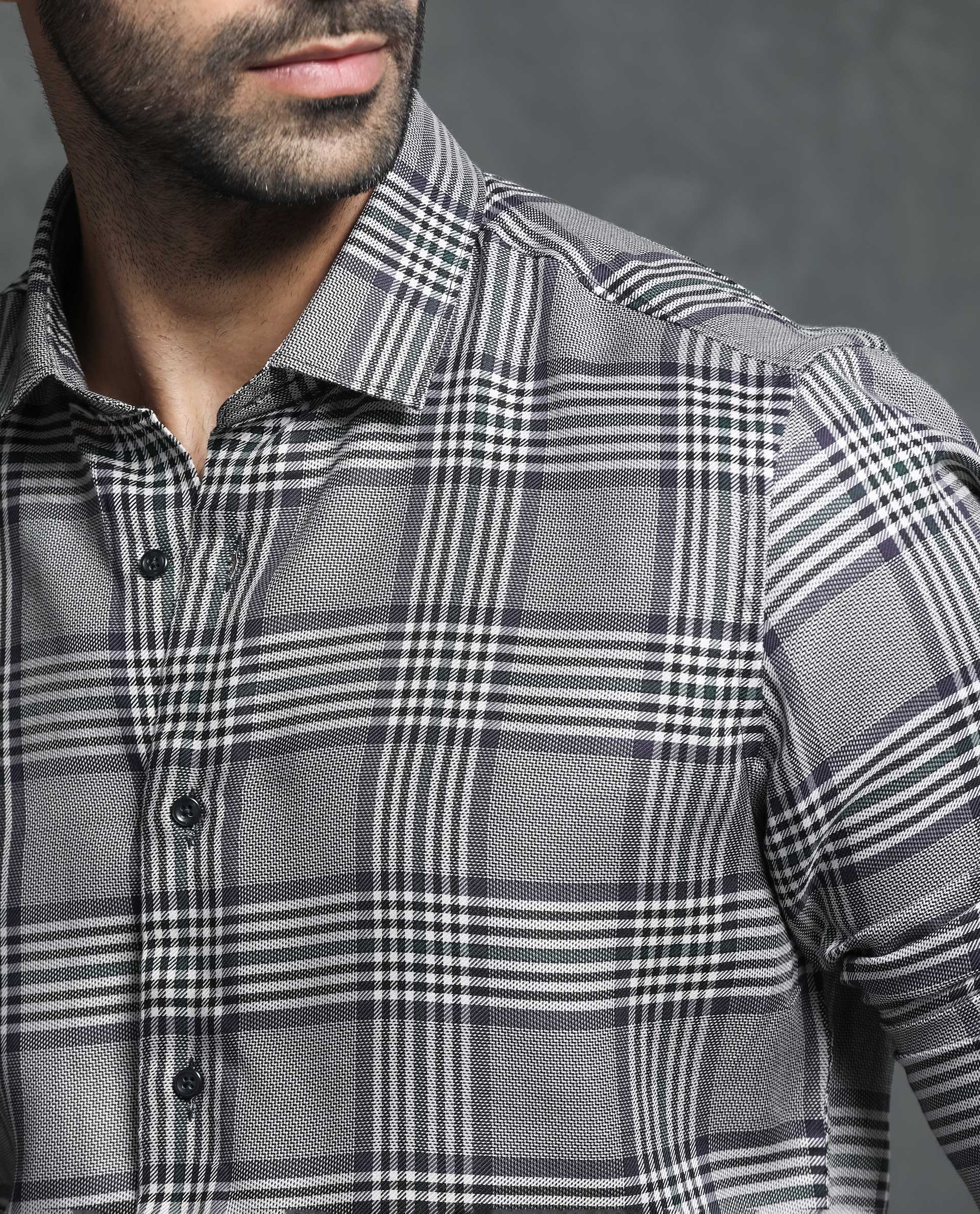 Rare Rabbit Men's Fredo Grey Tencel Fabric Full Sleeves Checks Shirt