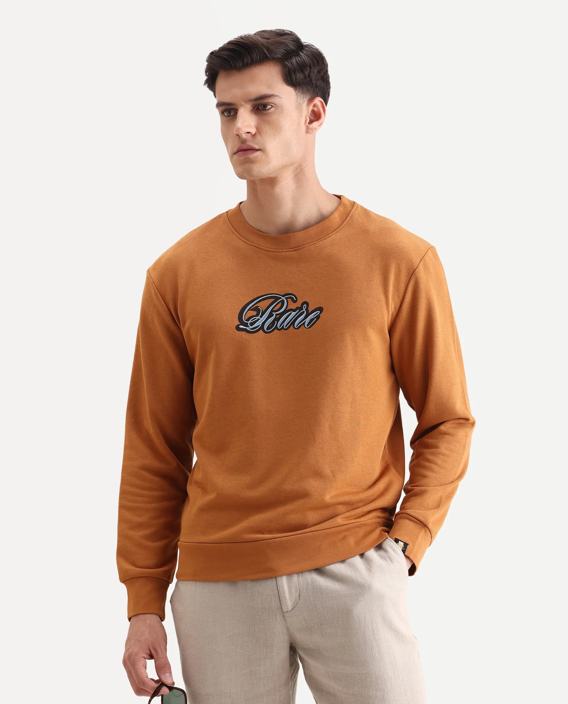 Rare Rabbit Men's Frejus Dusky Orange Cotton Embroidered Regular Fit Full Sleeve Crew Neck Sweatshirt
