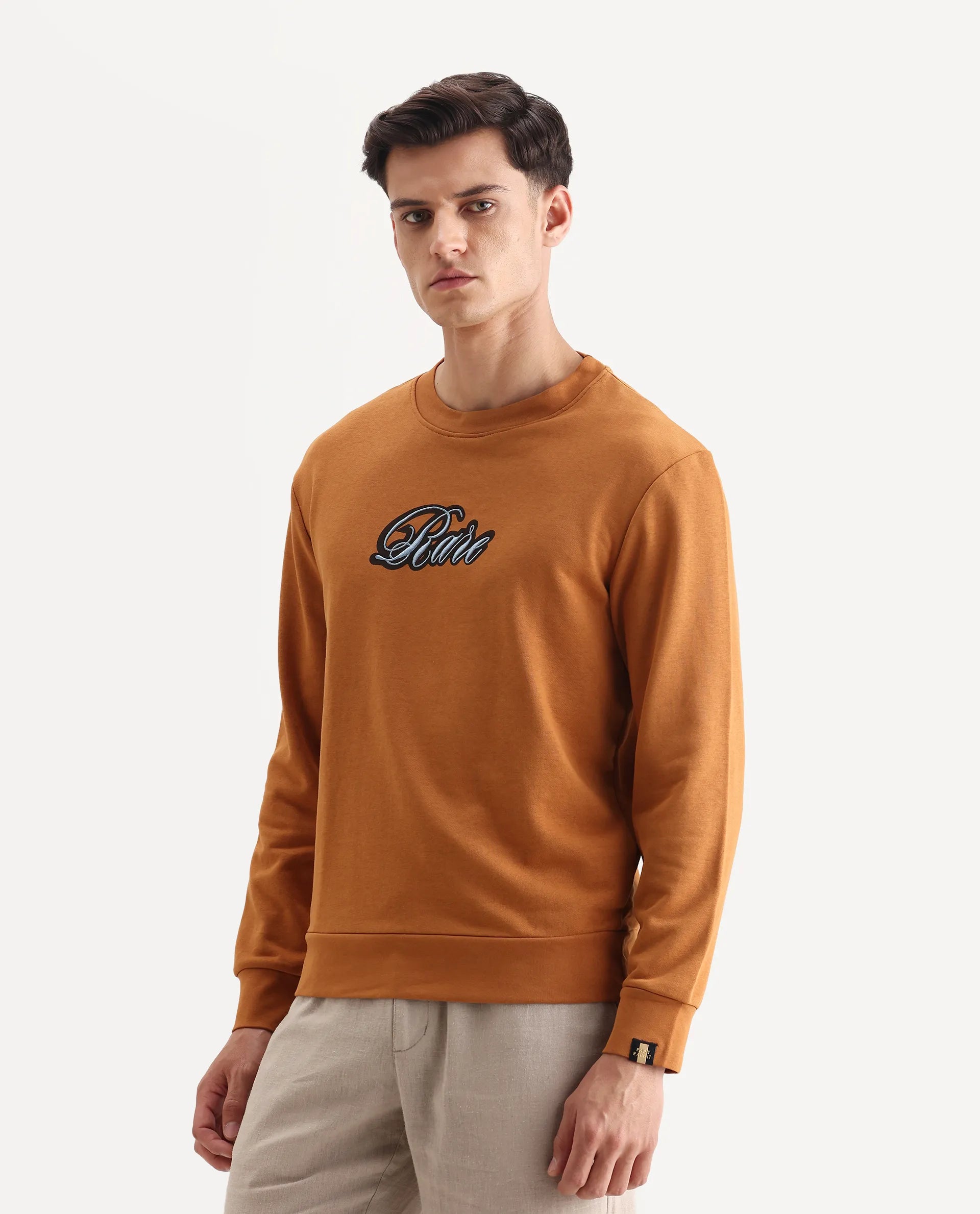 Rare Rabbit Men's Frejus Dusky Orange Cotton Embroidered Regular Fit Full Sleeve Crew Neck Sweatshirt