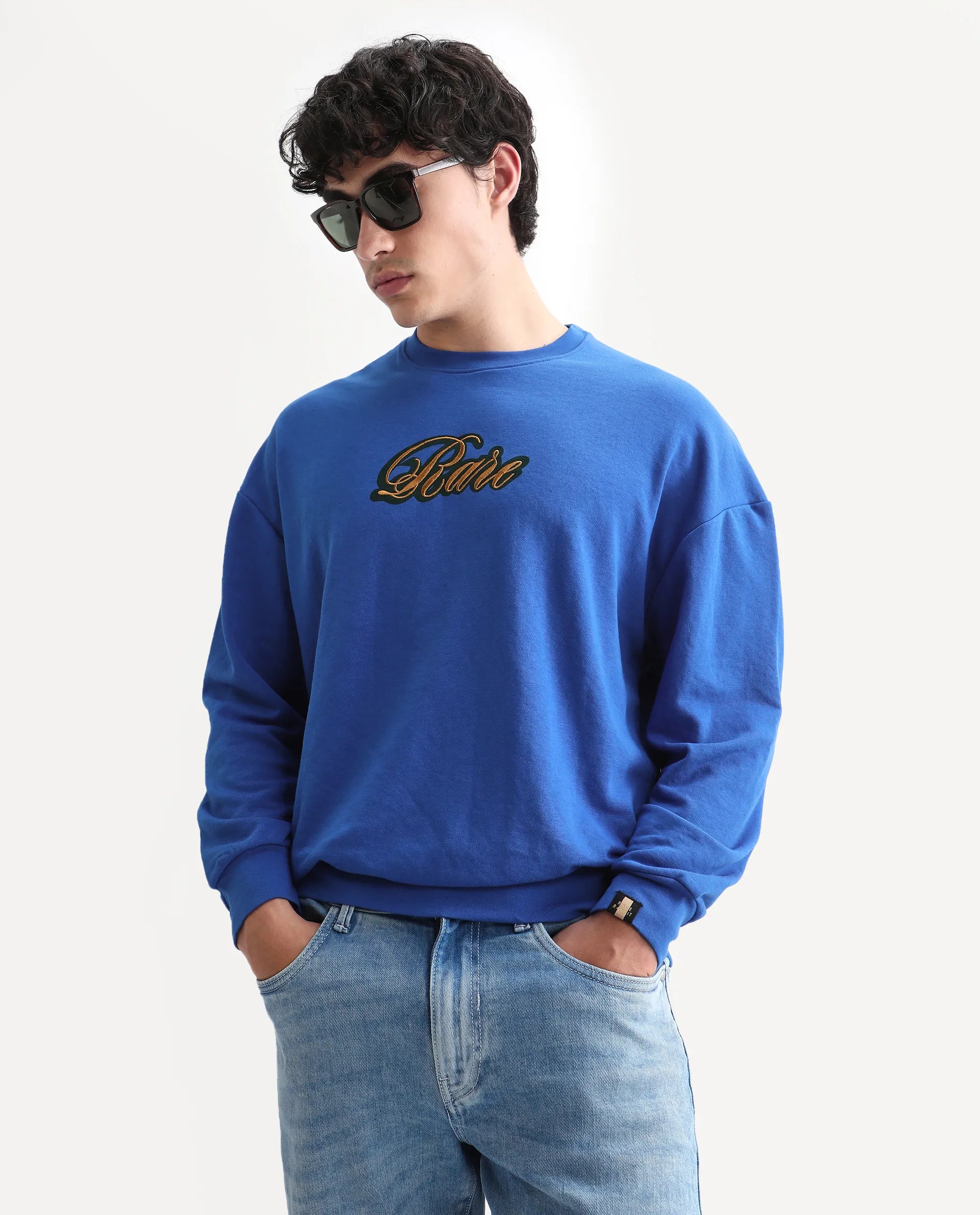 Rare Rabbit Men's Frejus Blue Cotton Blend Embroidered Regular Fit Full Sleeve Crew Neck Sweatshirt