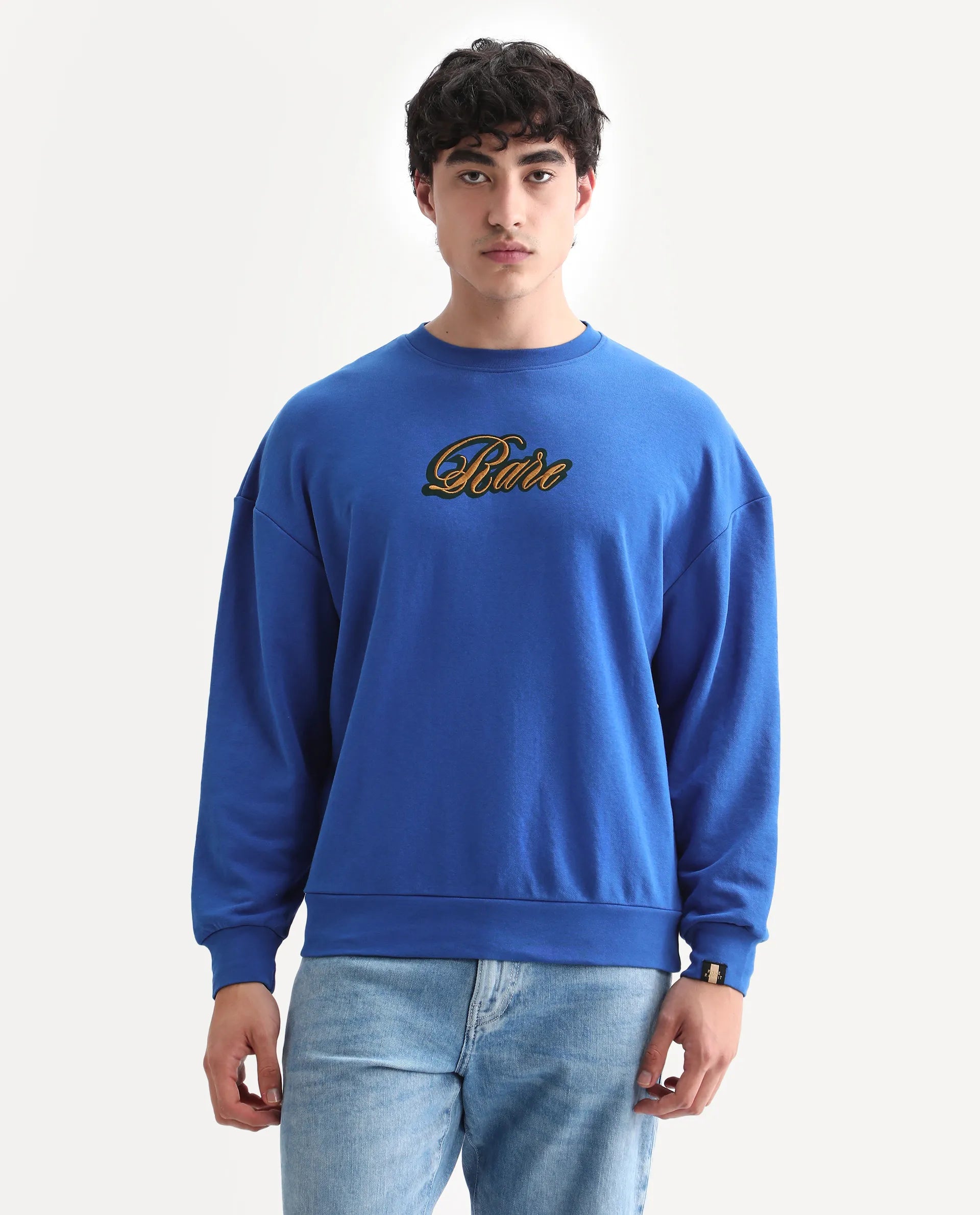 Rare Rabbit Men's Frejus Blue Cotton Blend Embroidered Regular Fit Full Sleeve Crew Neck Sweatshirt