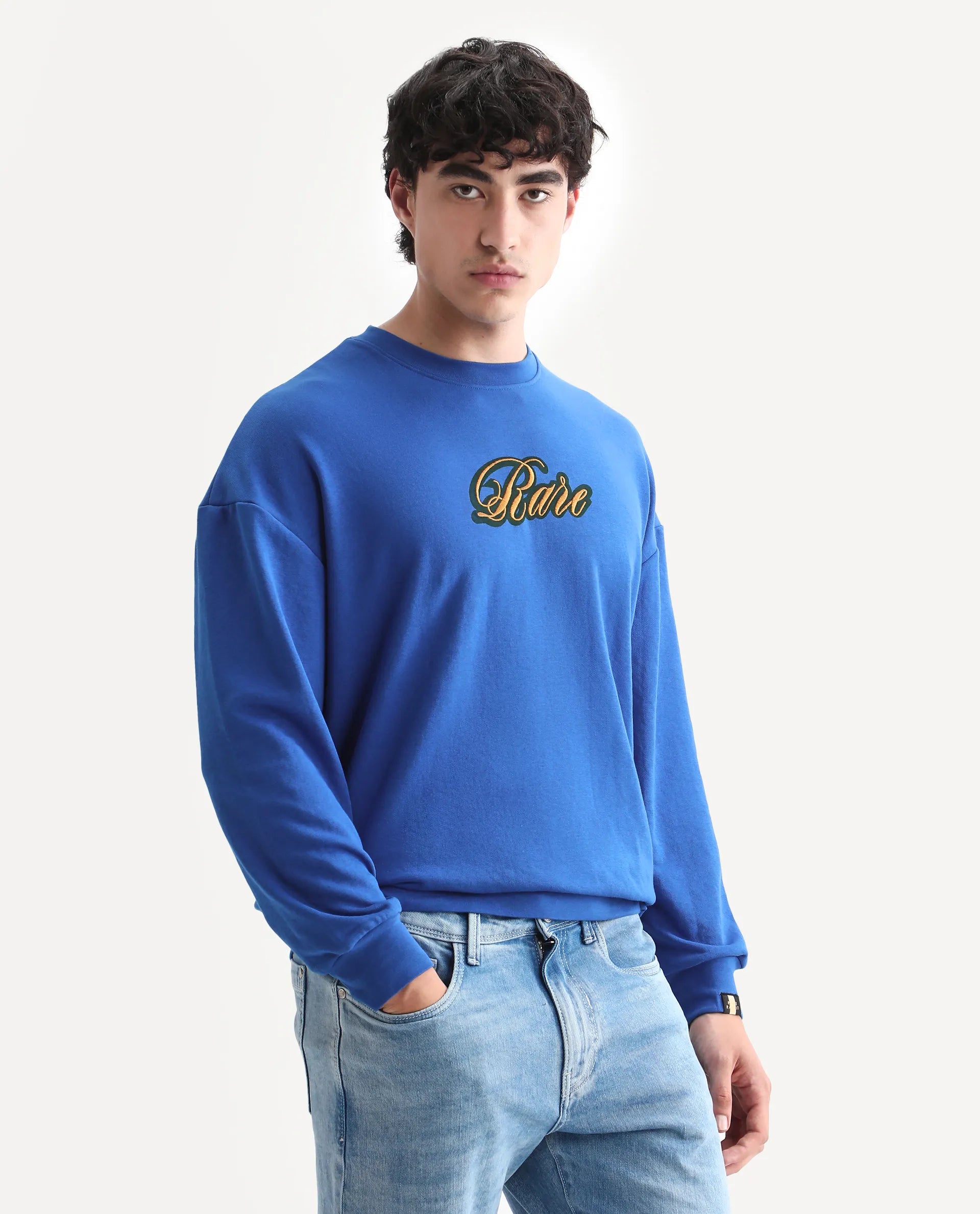 Rare Rabbit Men's Frejus Blue Cotton Blend Embroidered Regular Fit Full Sleeve Crew Neck Sweatshirt