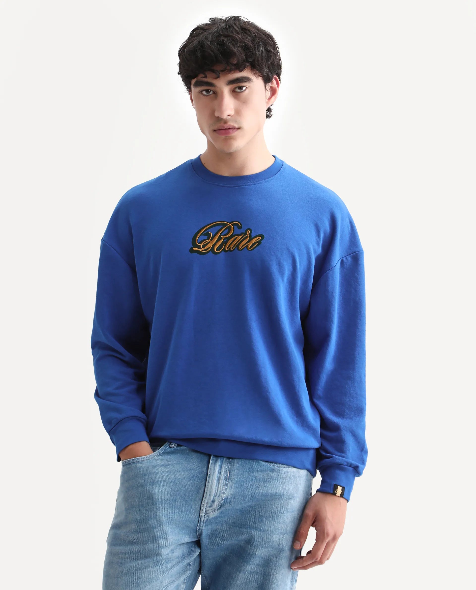 Rare Rabbit Men's Frejus Blue Cotton Blend Embroidered Regular Fit Full Sleeve Crew Neck Sweatshirt