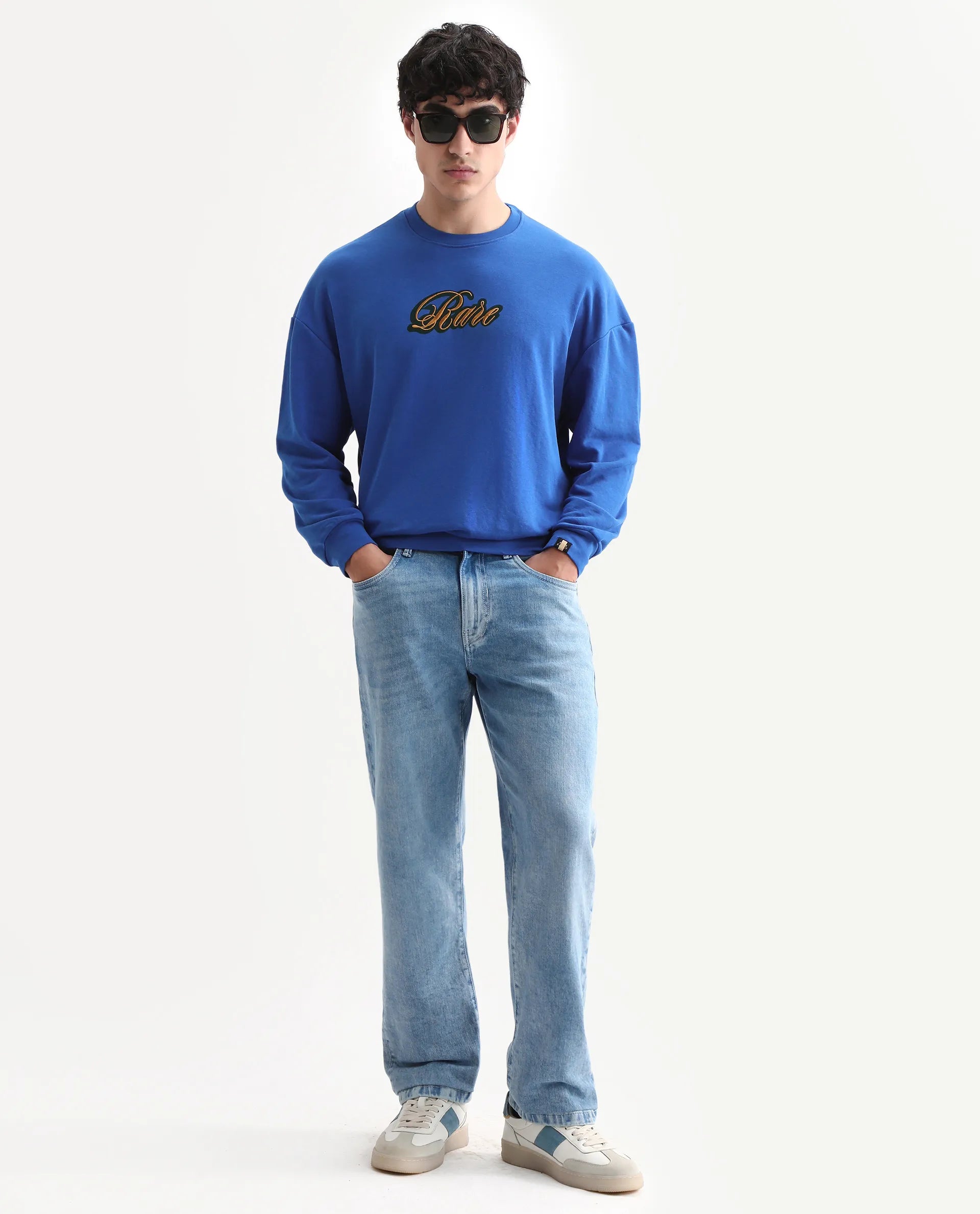 Rare Rabbit Men's Frejus Blue Cotton Blend Embroidered Regular Fit Full Sleeve Crew Neck Sweatshirt