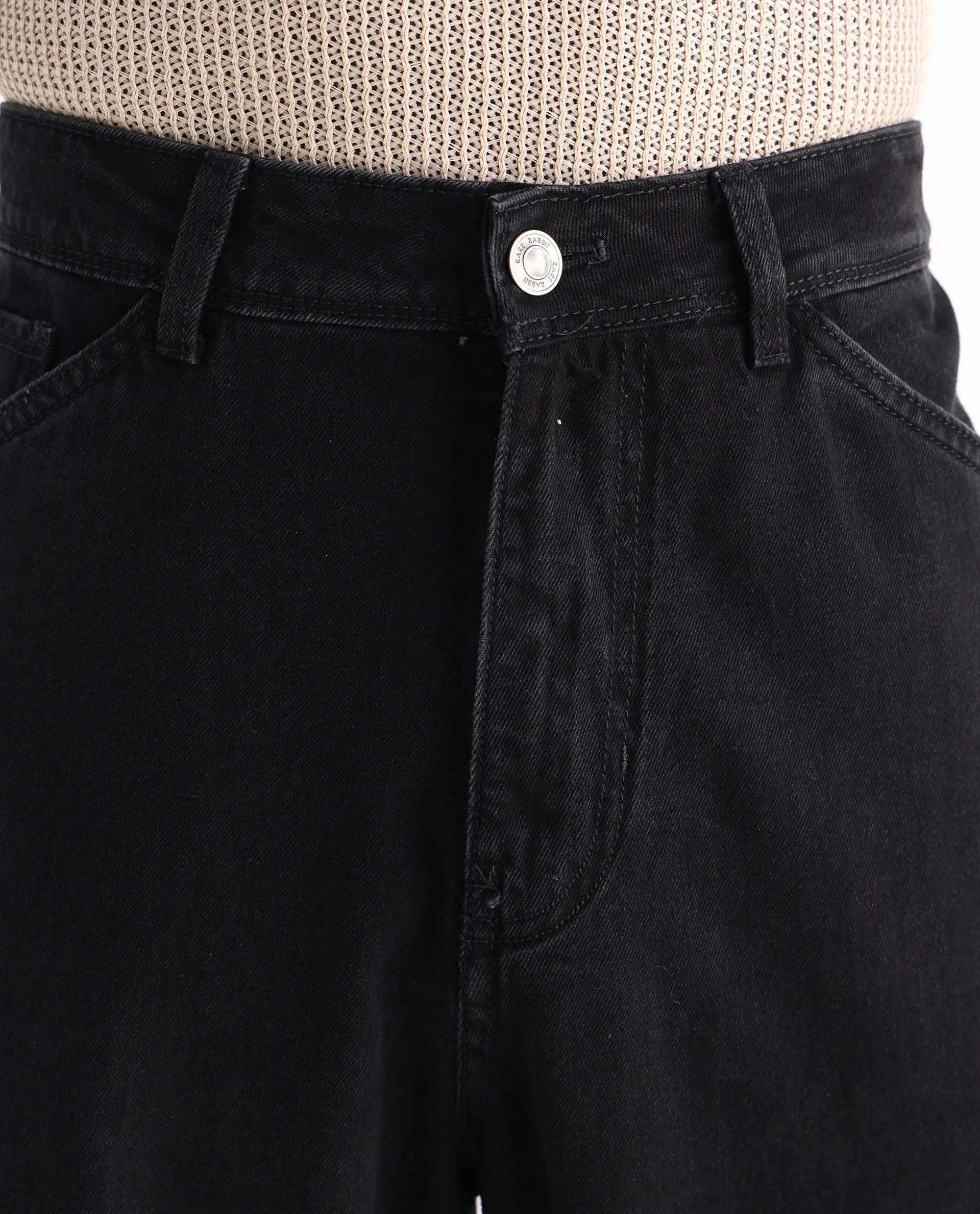 Rare Rabbit Men's Freks Black Cotton Plain Baggy Fit Jeans