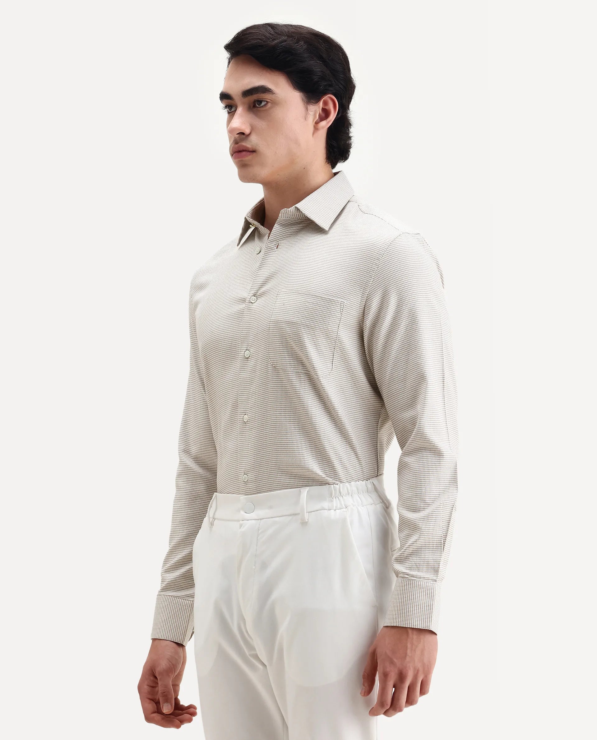 Rare Rabbit Men's Fresno Beige Cotton Dobby Print Regular Fit Full Sleeve Collared Shirt