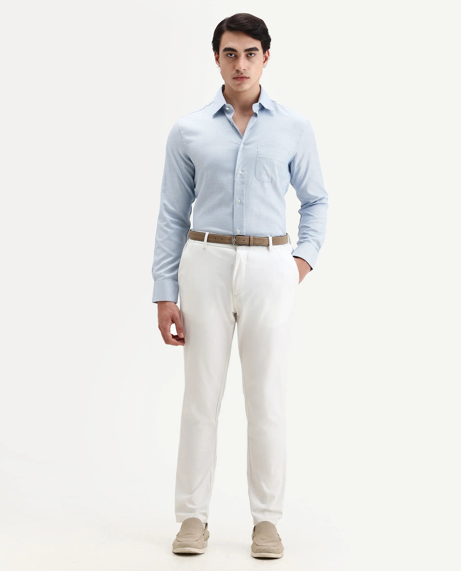 Rare Rabbit Men's Fresno Blue Cotton Dobby Print Regular Fit Full Sleeve Collared Shirt