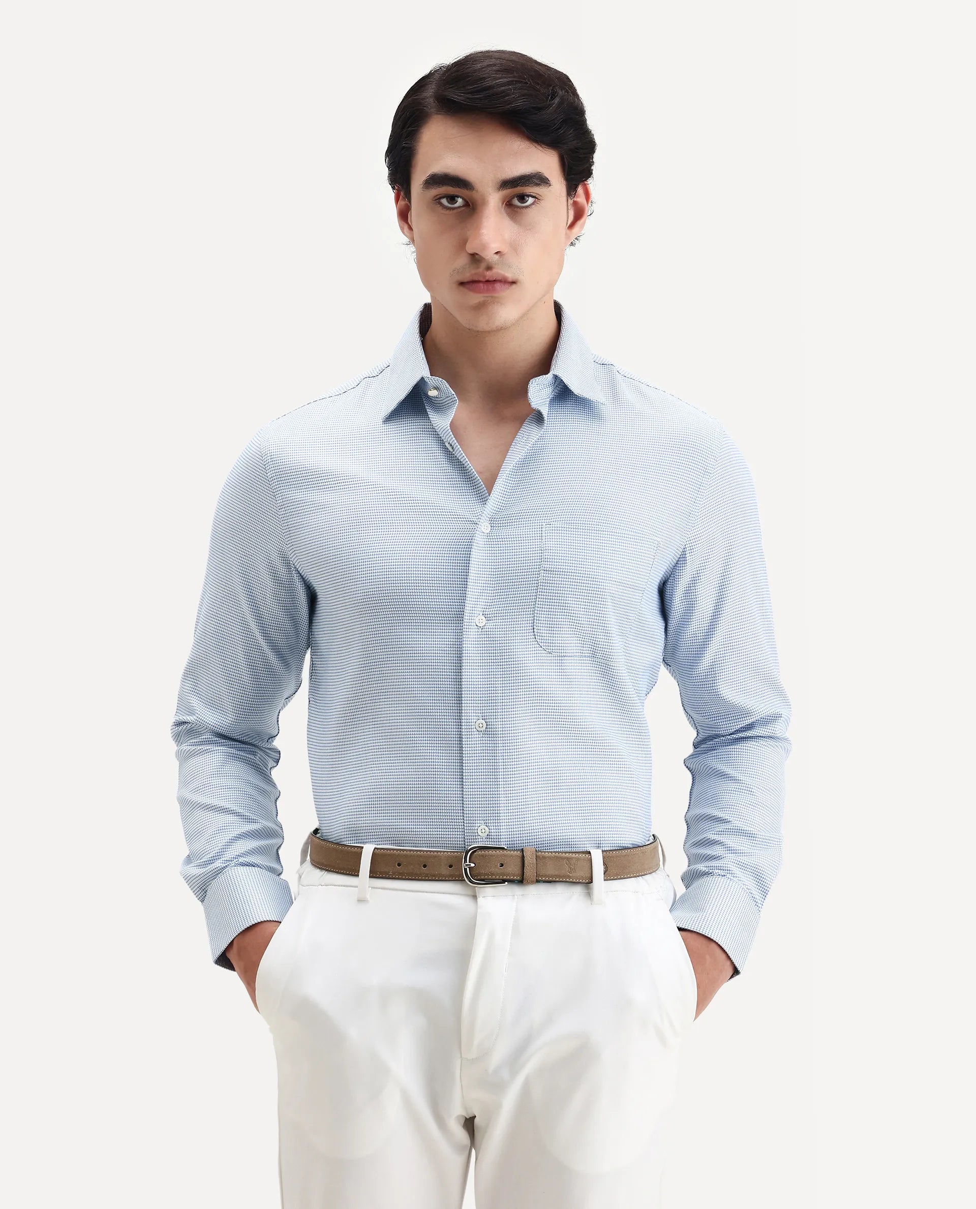 Rare Rabbit Men's Fresno Blue Cotton Dobby Print Regular Fit Full Sleeve Collared Shirt