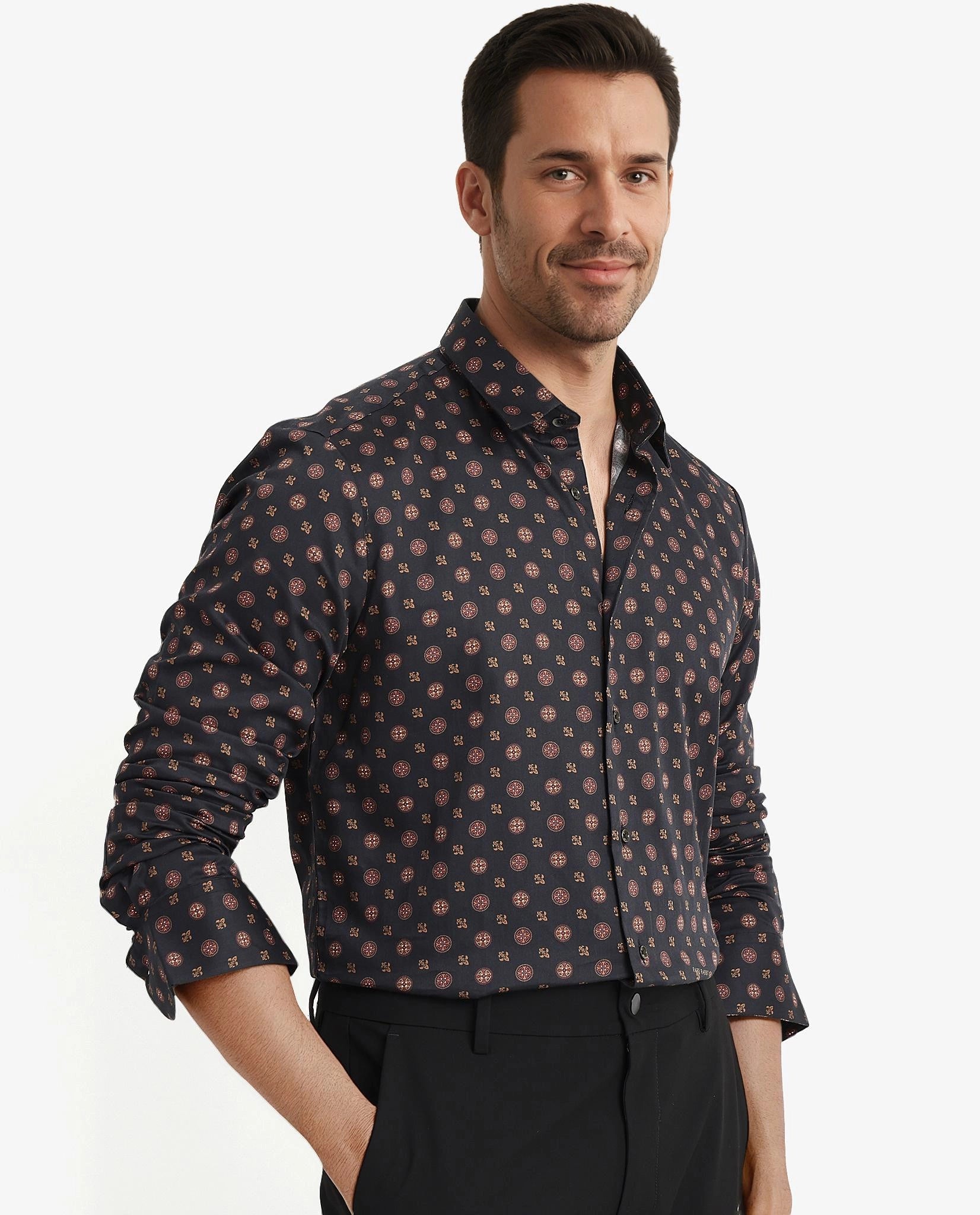 Rare Rabbit Men's Freya Black Modal Fabric Full Sleeves Geometric Print Shirt