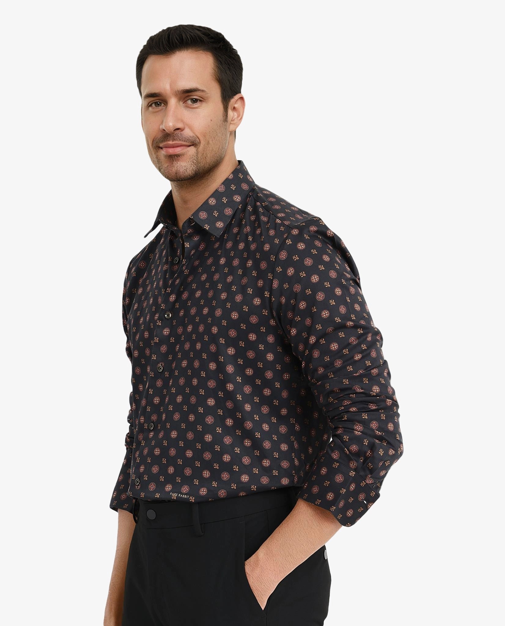 Rare Rabbit Men's Freya Black Modal Fabric Full Sleeves Geometric Print Shirt