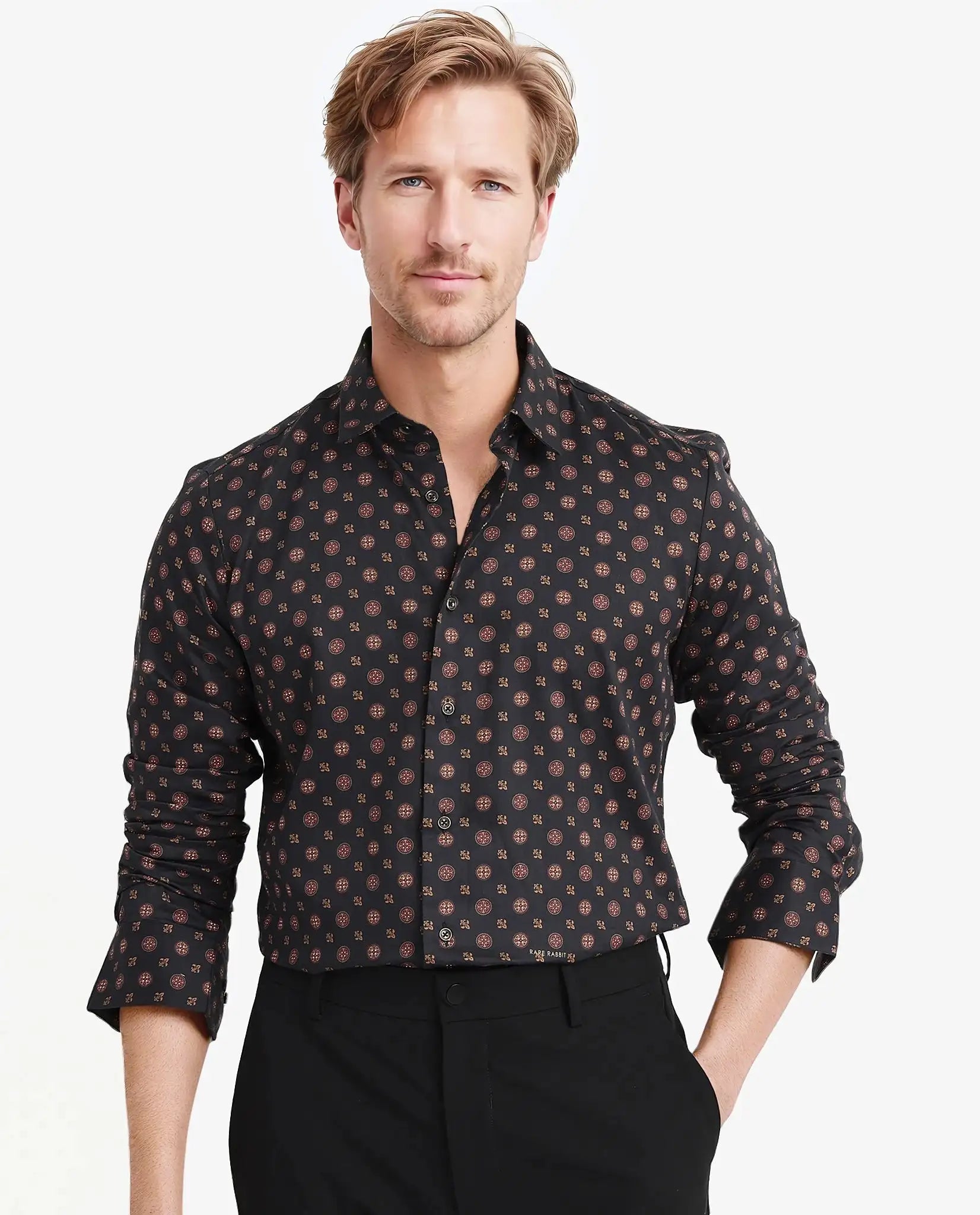 Rare Rabbit Men's Freya Black Modal Fabric Full Sleeves Geometric Print Shirt