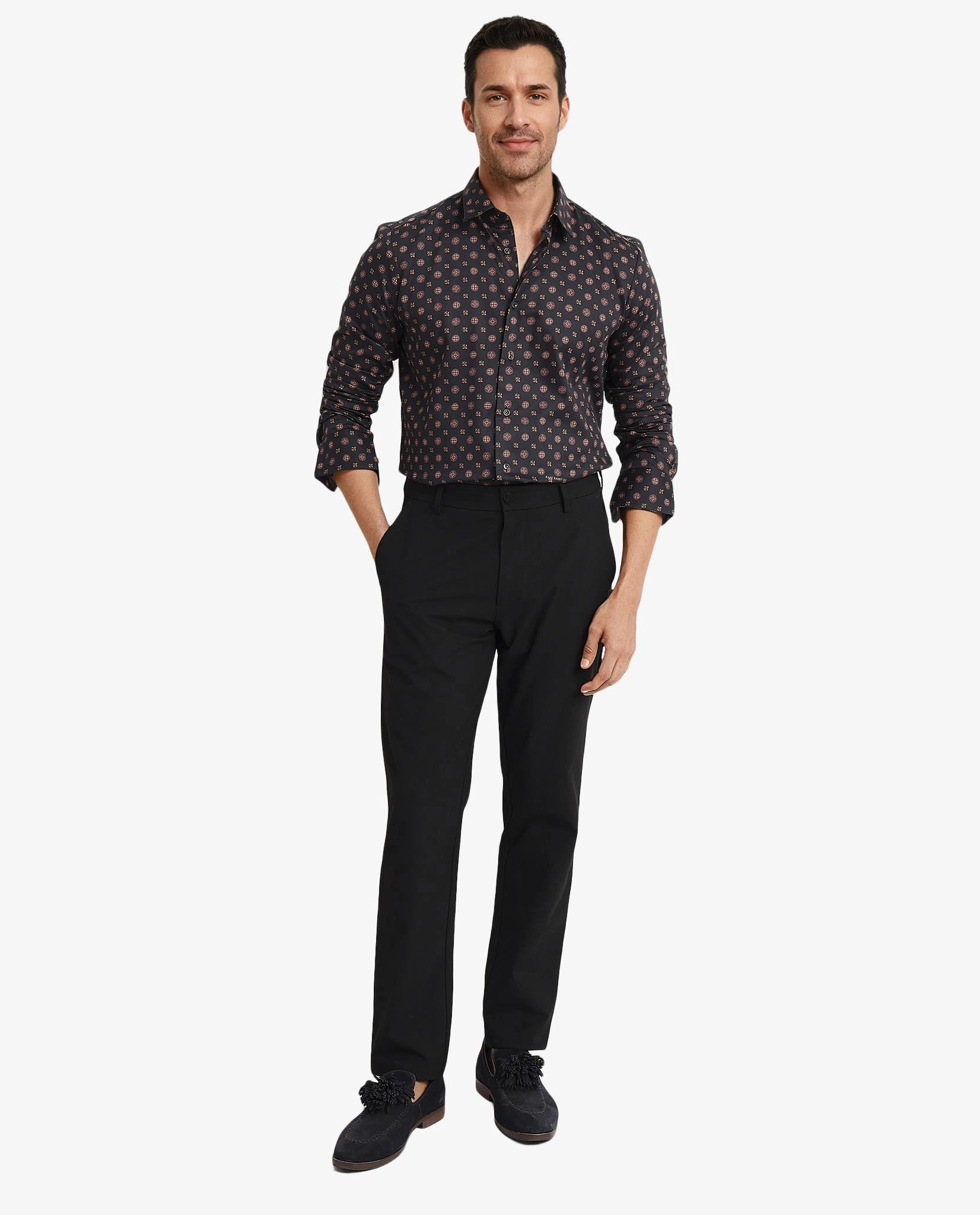 Rare Rabbit Men's Freya Black Modal Fabric Full Sleeves Geometric Print Shirt