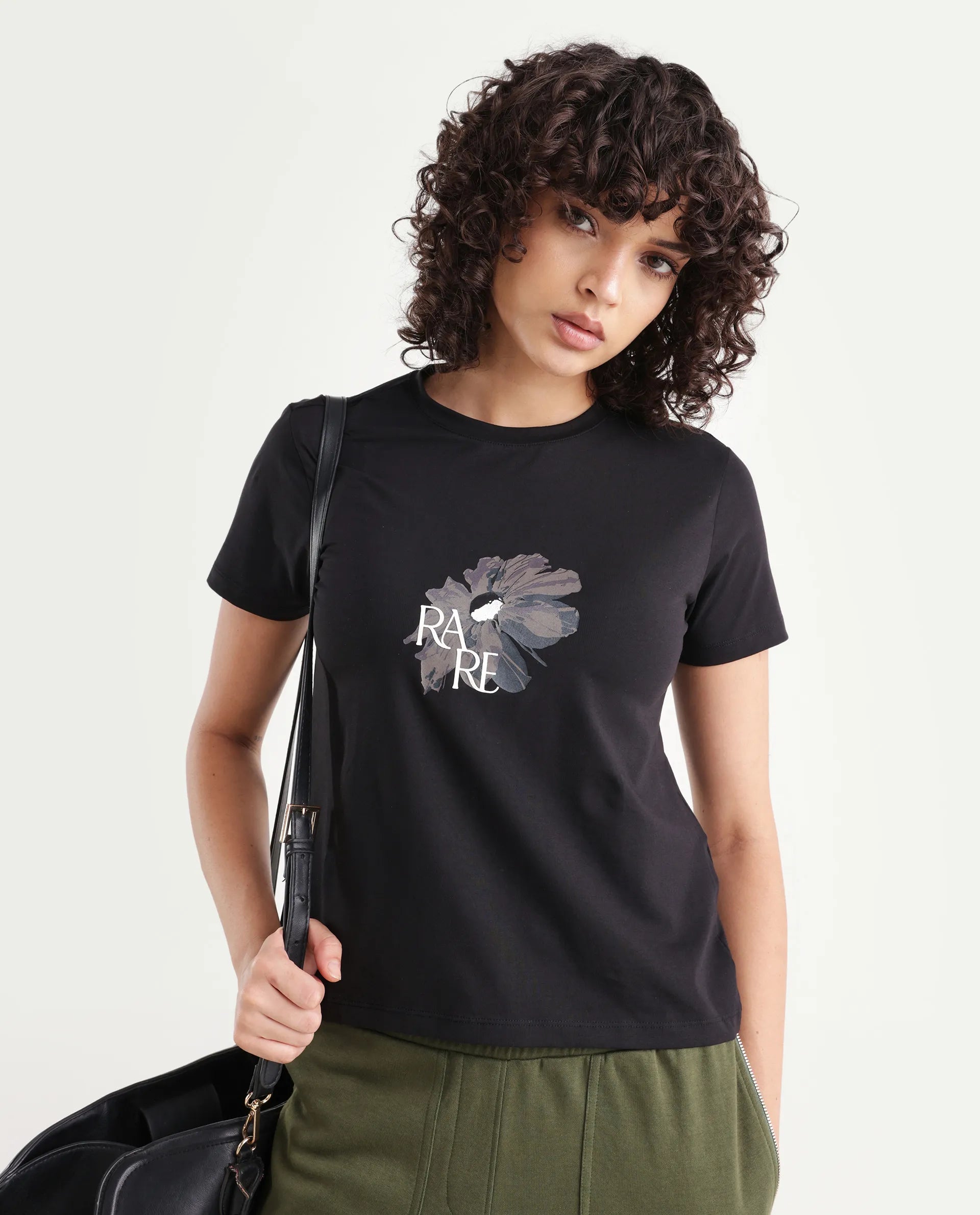 Rareism Women's Fringe Black Cotton Blend Crew Neck Graphic Print Regular Fit T-Shirt