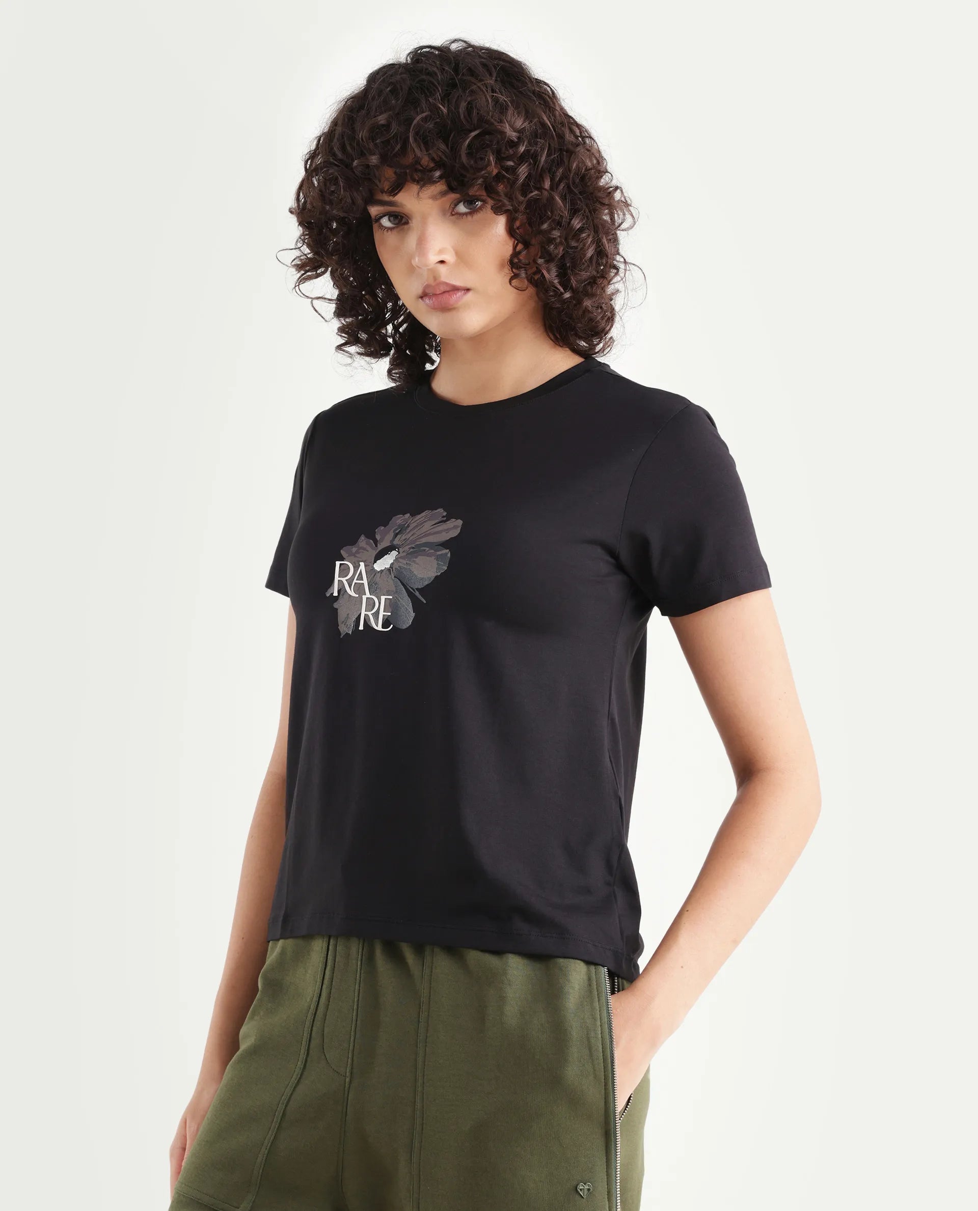 Rareism Women's Fringe Black Cotton Blend Crew Neck Graphic Print Regular Fit T-Shirt