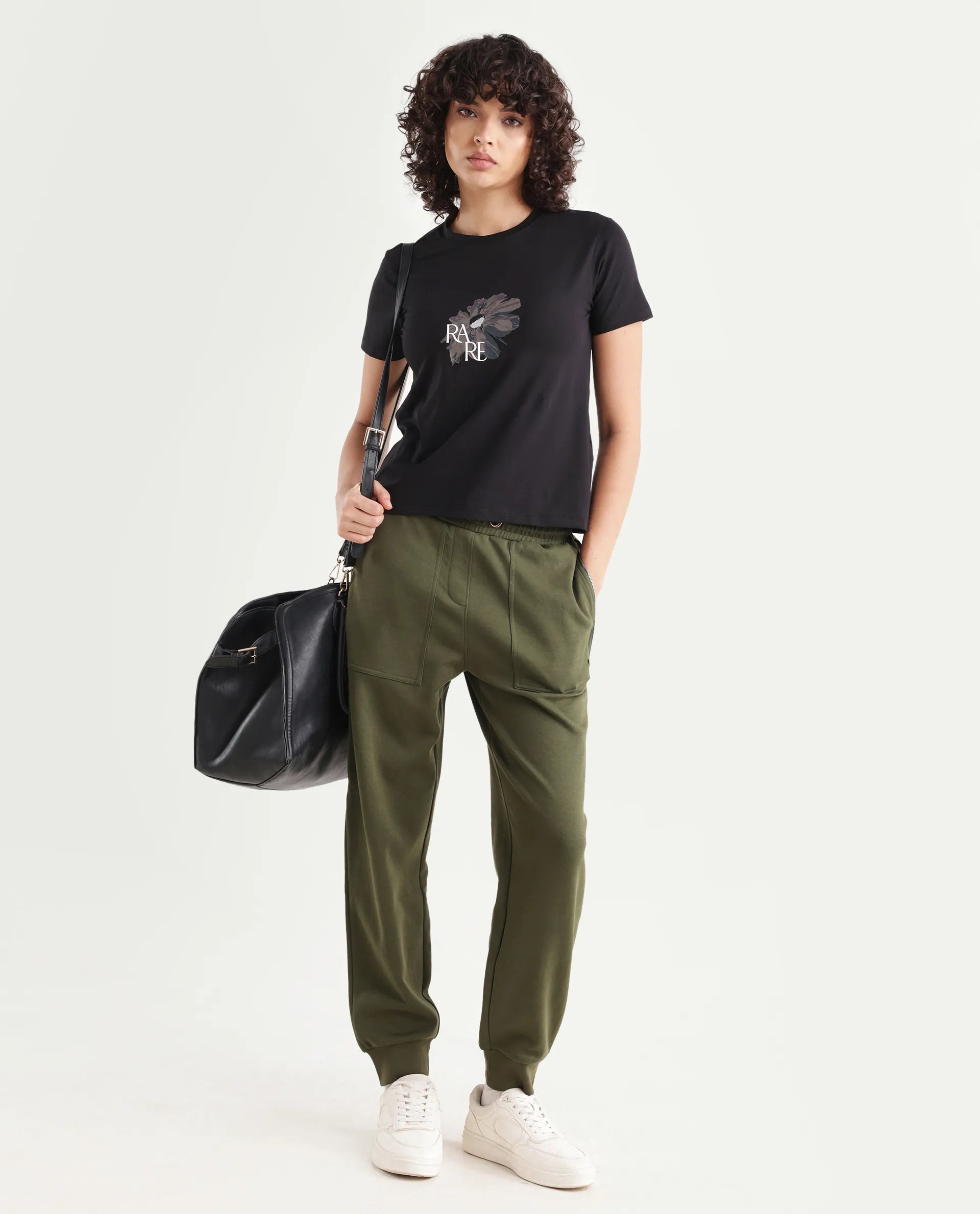 Rareism Women's Fringe Black Cotton Blend Crew Neck Graphic Print Regular Fit T-Shirt