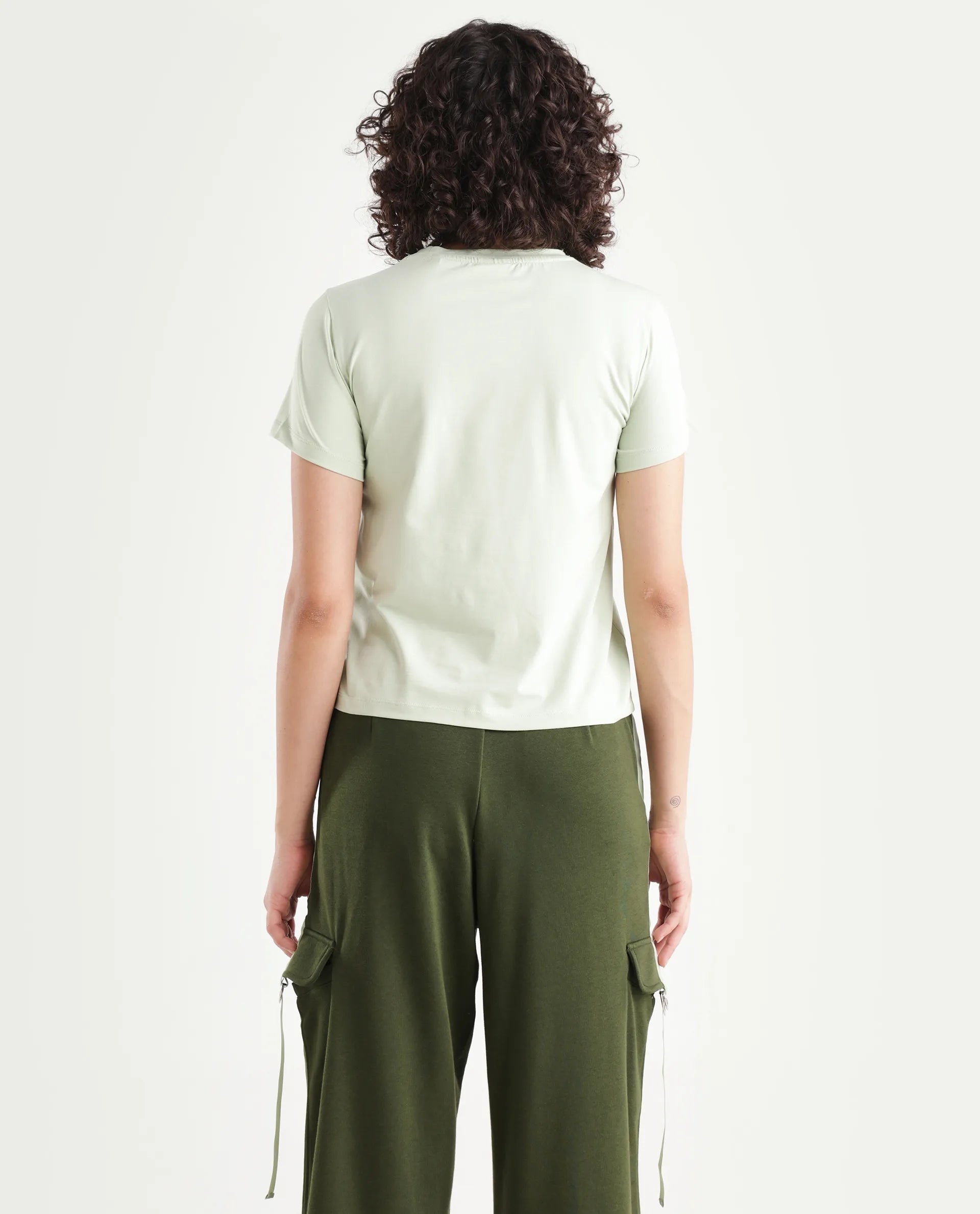 Rareism Women's Fringe Pastel Green Cotton Blend Crew Neck Graphic Print Regular Fit T-Shirt