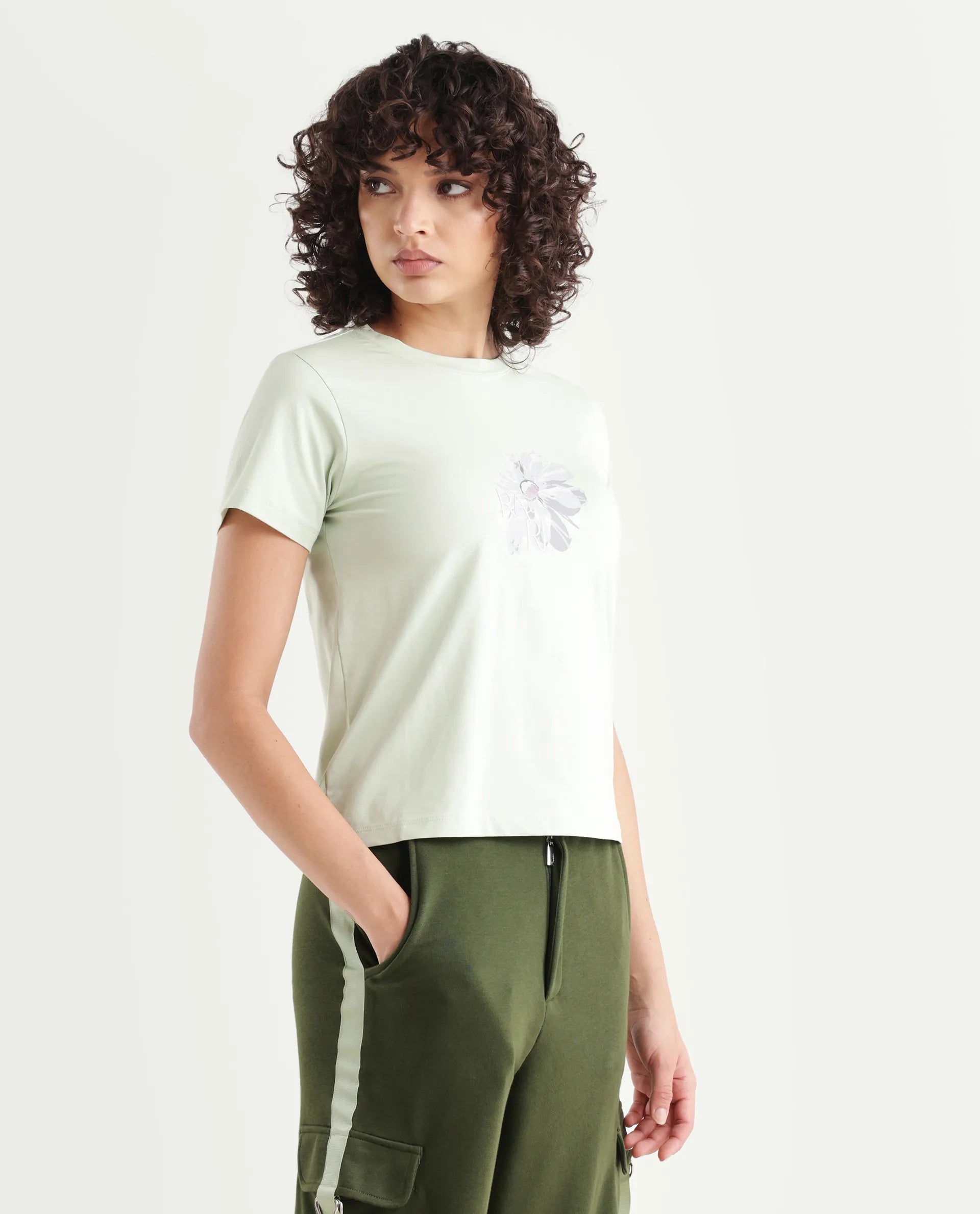 Rareism Women's Fringe Pastel Green Cotton Blend Crew Neck Graphic Print Regular Fit T-Shirt