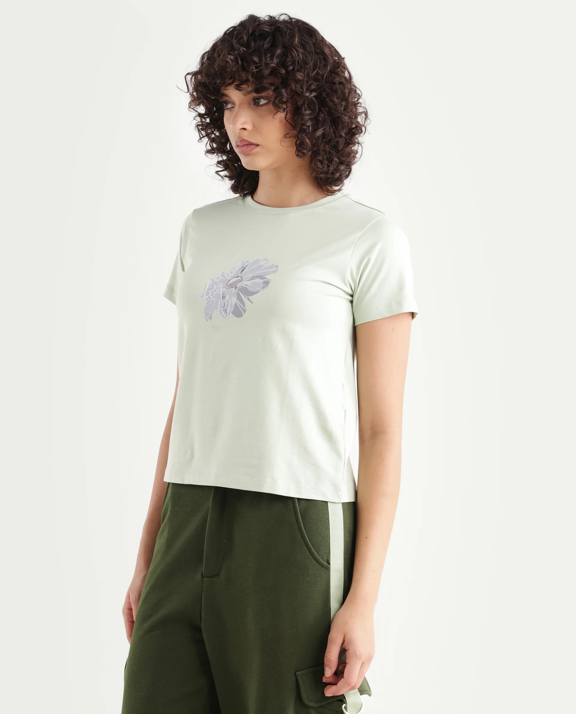 Rareism Women's Fringe Pastel Green Cotton Blend Crew Neck Graphic Print Regular Fit T-Shirt