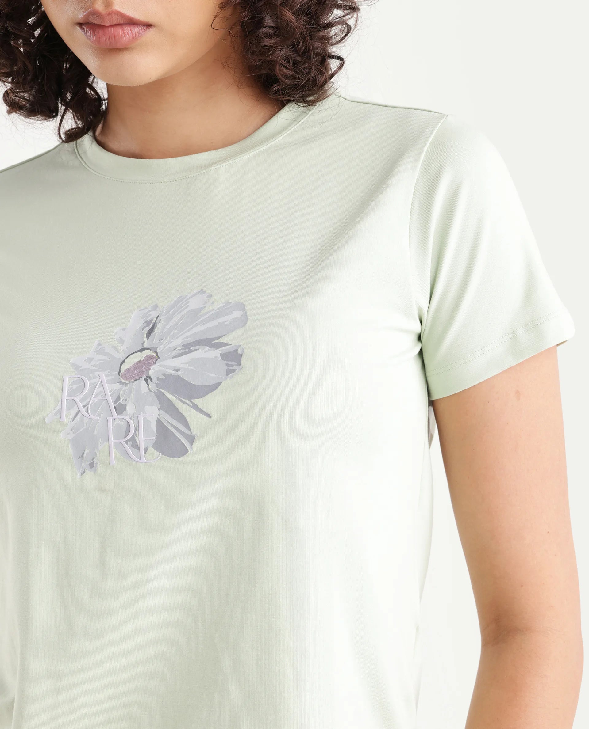 Rareism Women's Fringe Pastel Green Cotton Blend Crew Neck Graphic Print Regular Fit T-Shirt