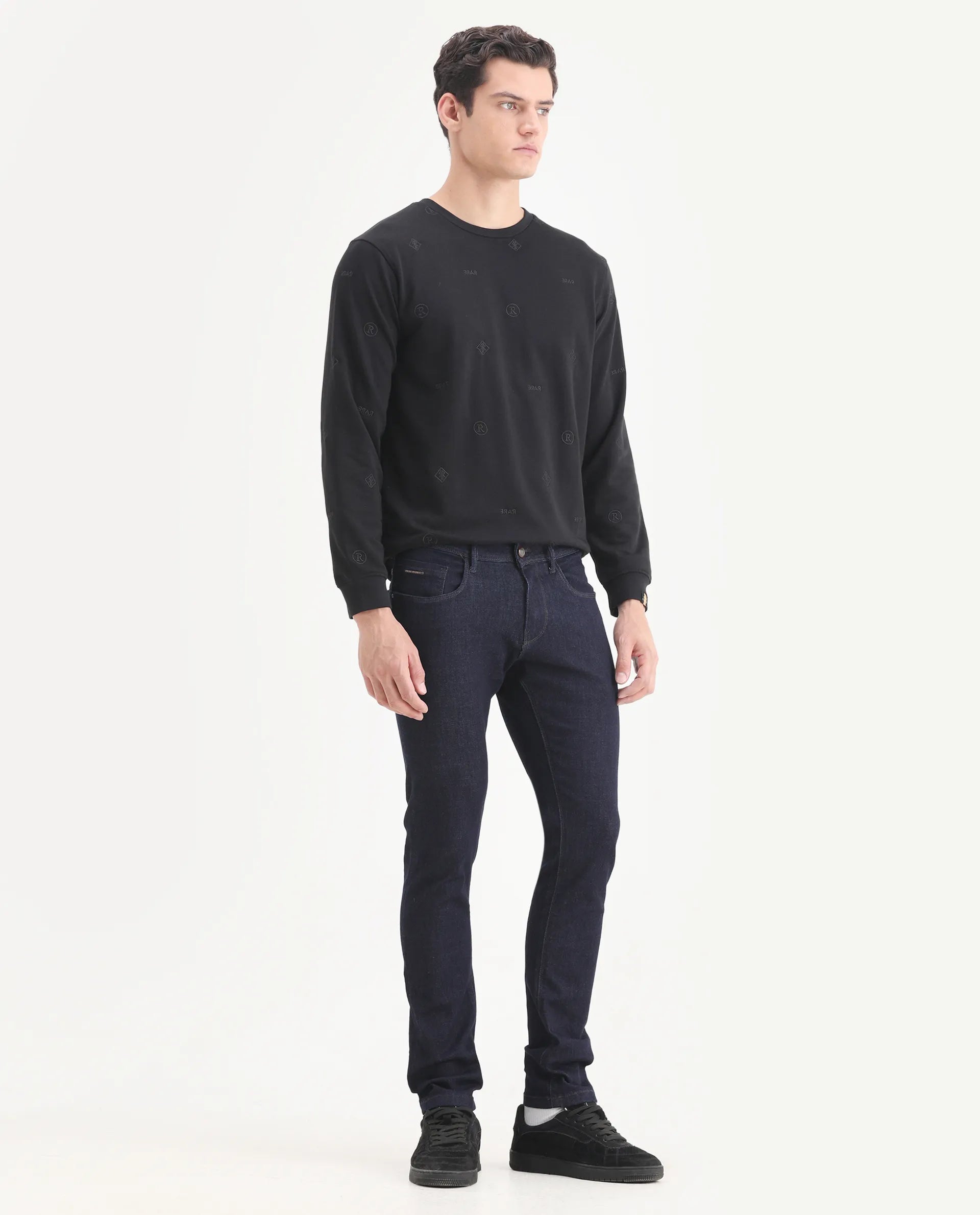 Rare Rabbit Men's Frisco Navy Cotton Plain Hawk Slim Fit Jeans