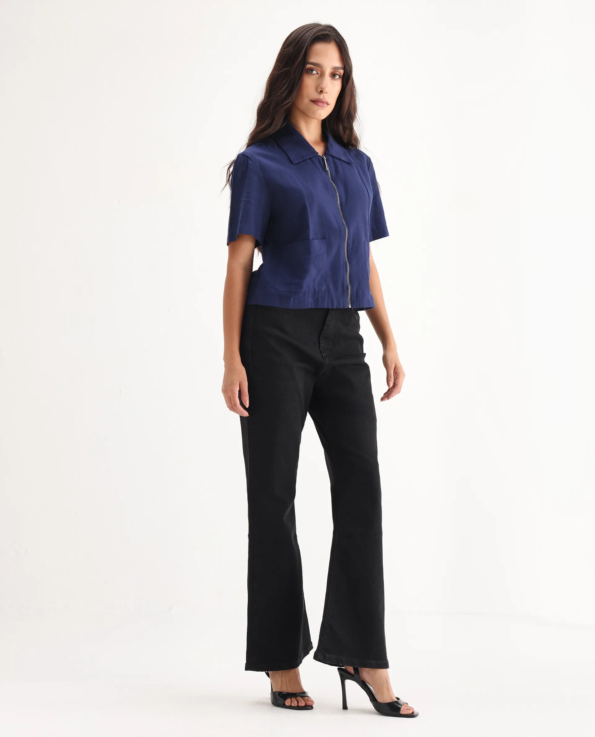 Rareism Women's Frita Black Cotton Blend Plain Ankle Length Effortless Wide Jeans