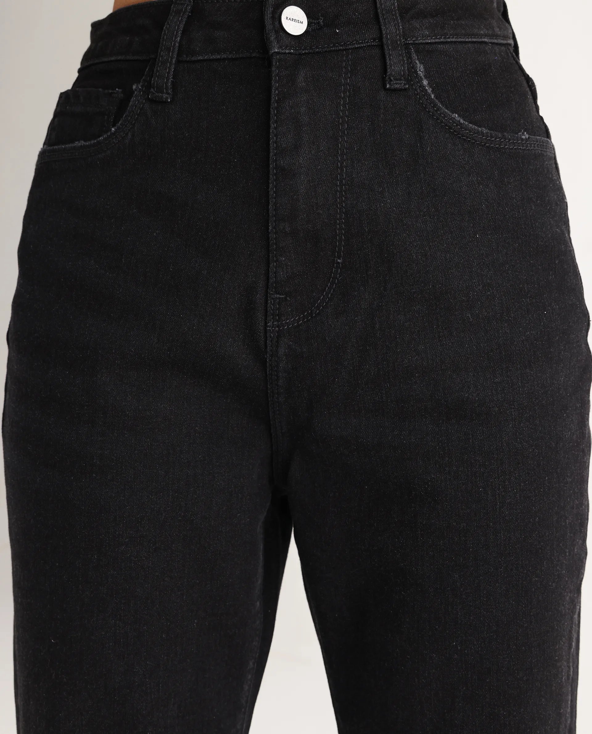 Rareism Women's Frita Black Cotton Blend Plain Ankle Length Effortless Wide Jeans