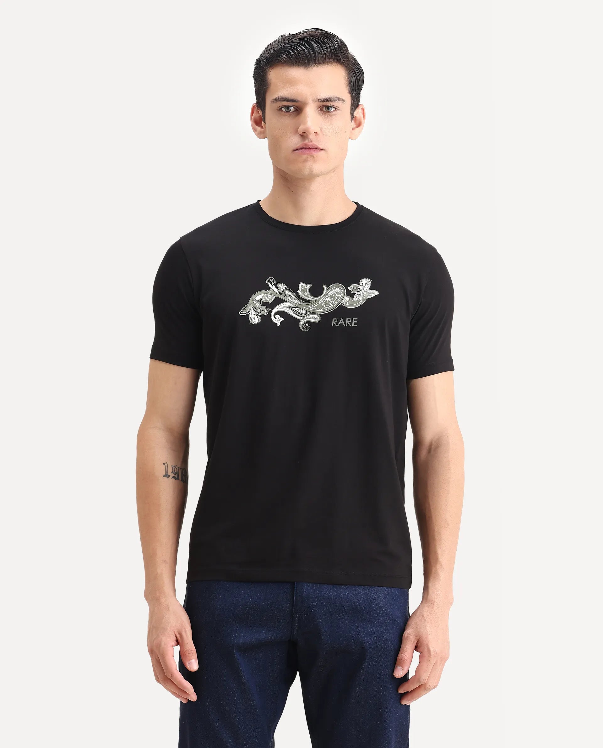Rare Rabbit Men's Guild Casual Friter Black Cotton Blend Paisley Print Regular Fit Half Sleeve Crew Neck T-Shirt