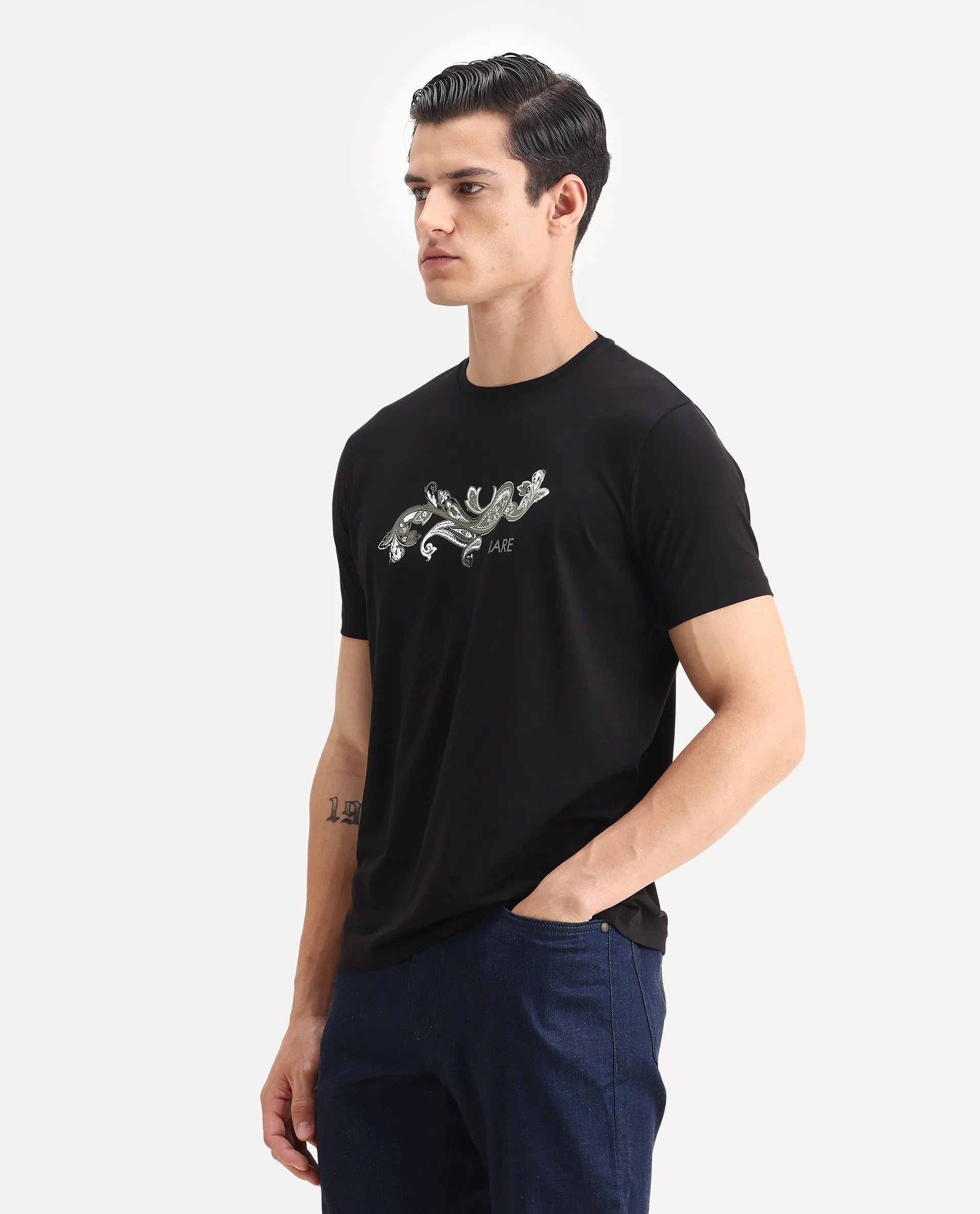 Rare Rabbit Men's Guild Casual Friter Black Cotton Blend Paisley Print Regular Fit Half Sleeve Crew Neck T-Shirt