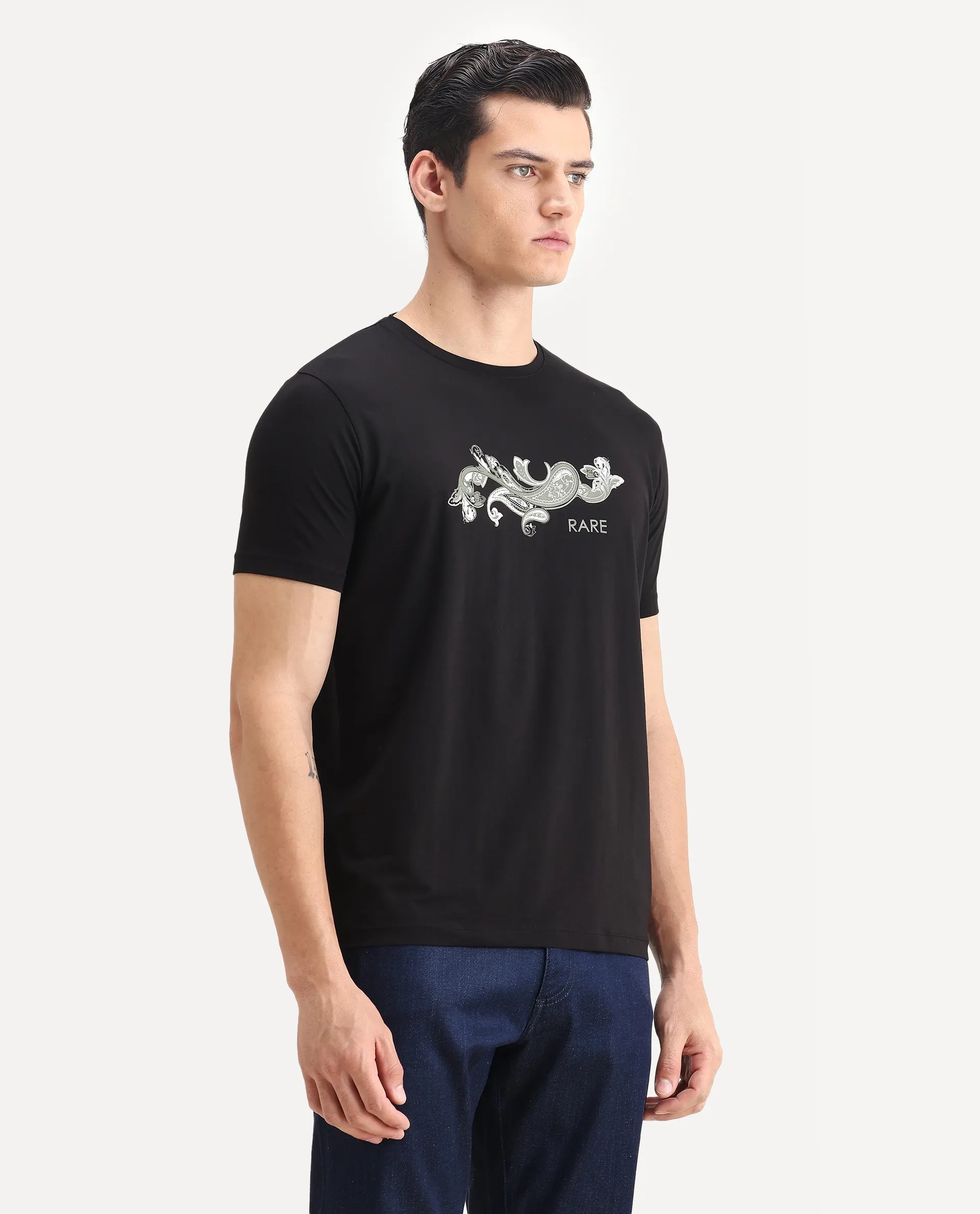 Rare Rabbit Men's Guild Casual Friter Black Cotton Blend Paisley Print Regular Fit Half Sleeve Crew Neck T-Shirt