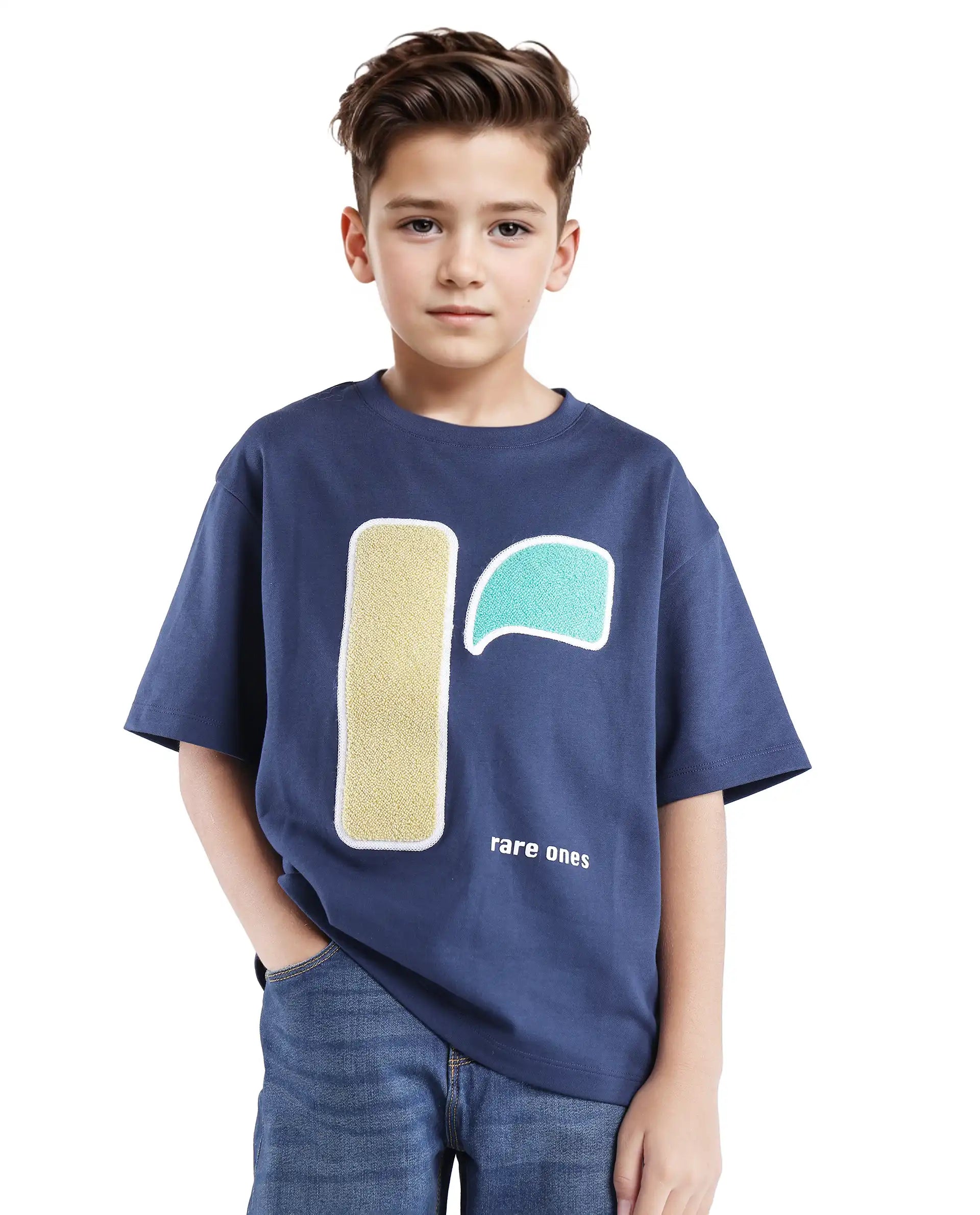 Rare Ones Kids Frodo Navy Cotton Poly Short Sleeve Crew Neck Towel Embroidery T-Shirt