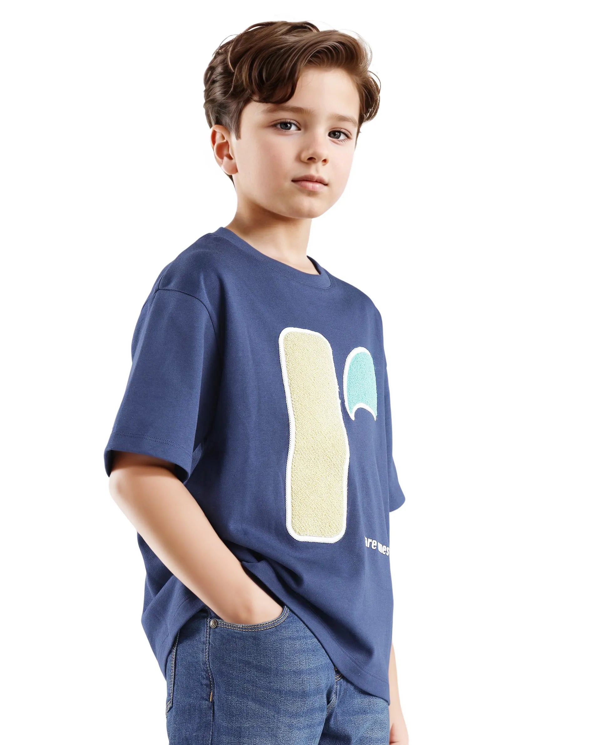 Rare Ones Kids Frodo Navy Cotton Poly Short Sleeve Crew Neck Towel Embroidery T-Shirt
