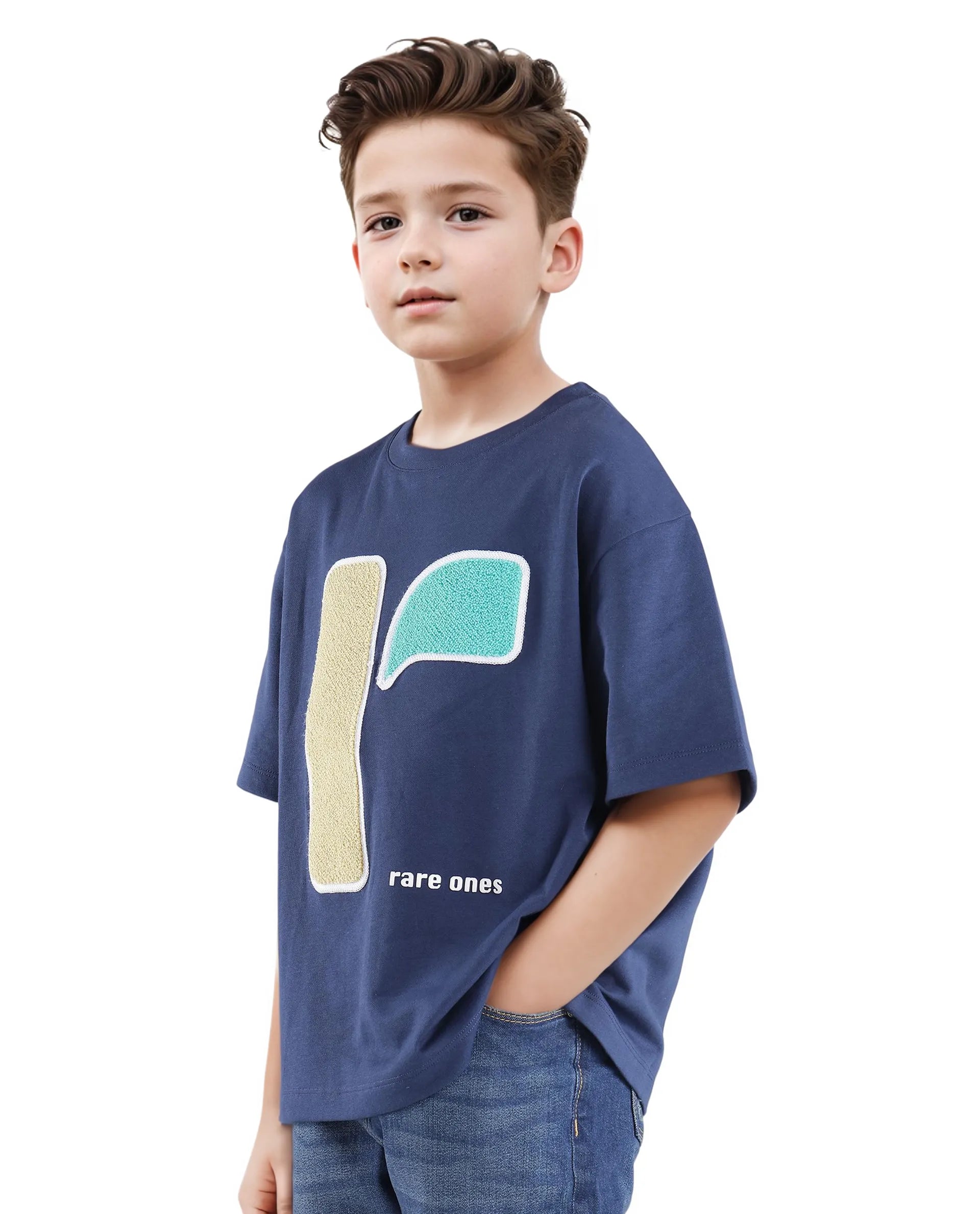 Rare Ones Kids Frodo Navy Cotton Poly Short Sleeve Crew Neck Towel Embroidery T-Shirt