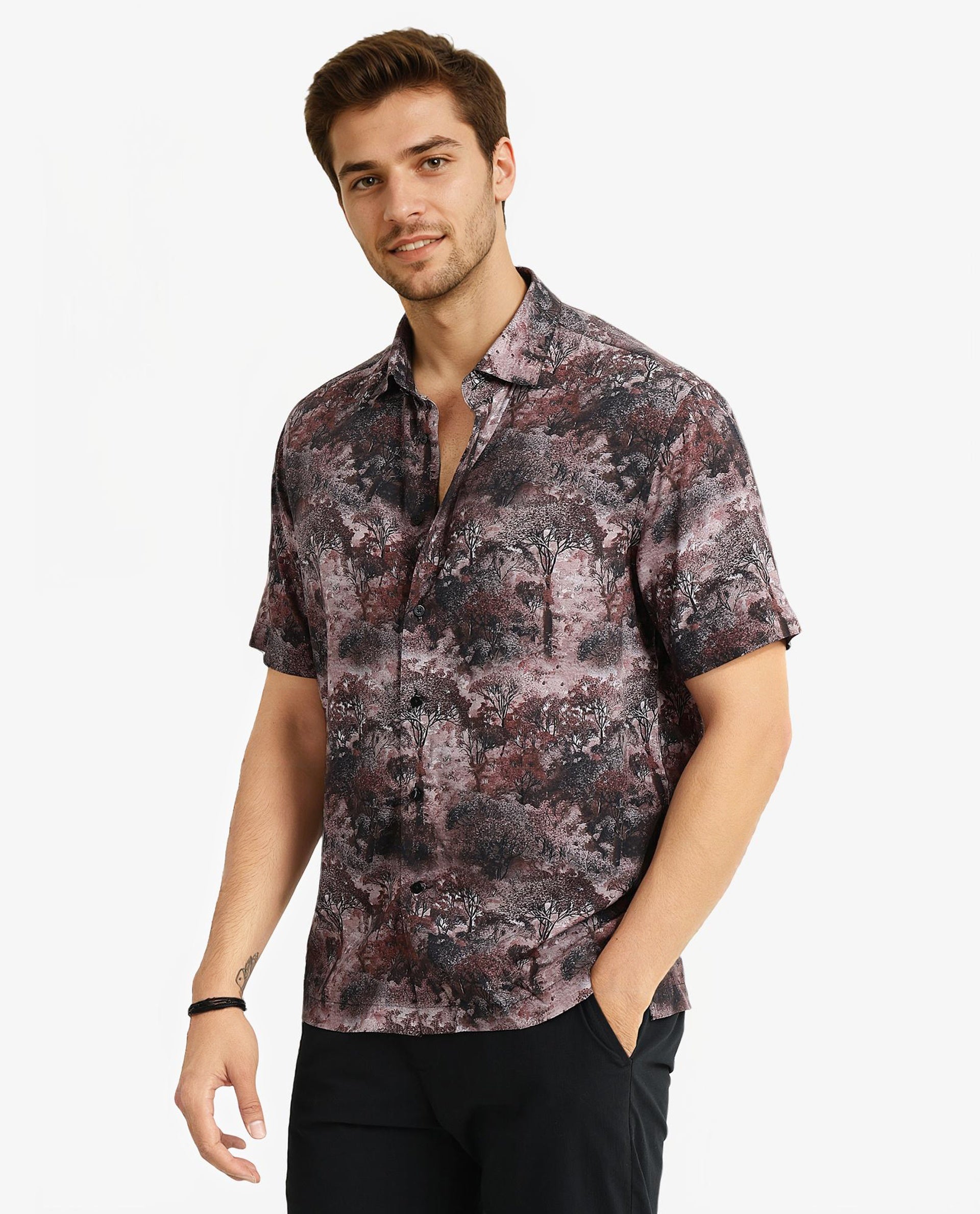 Rare Rabbit Men Froe Light Brown Viscose Fabric Short Sleeve Boxy Fit Tropical Print Shirt