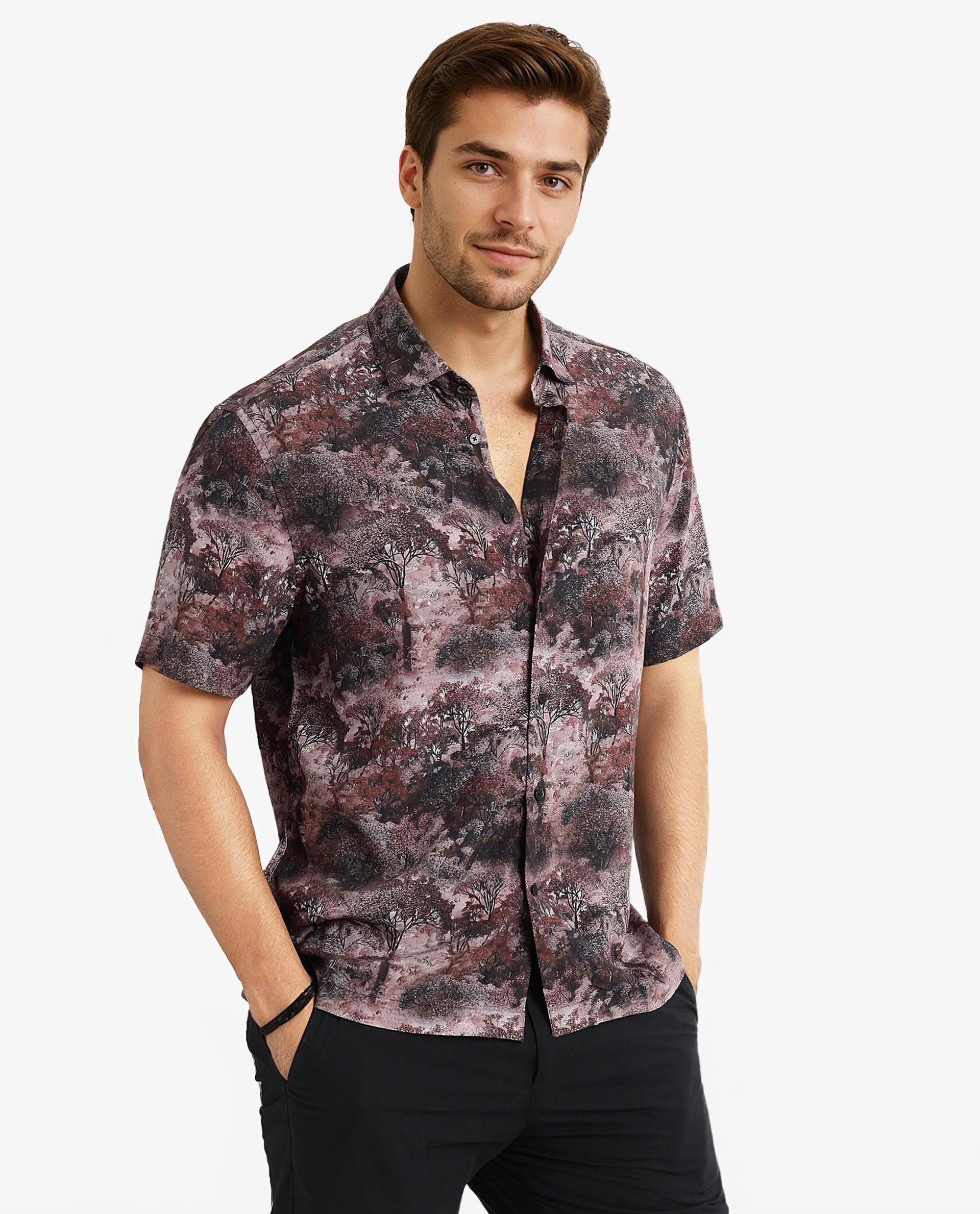 Rare Rabbit Men Froe Light Brown Viscose Fabric Short Sleeve Boxy Fit Tropical Print Shirt