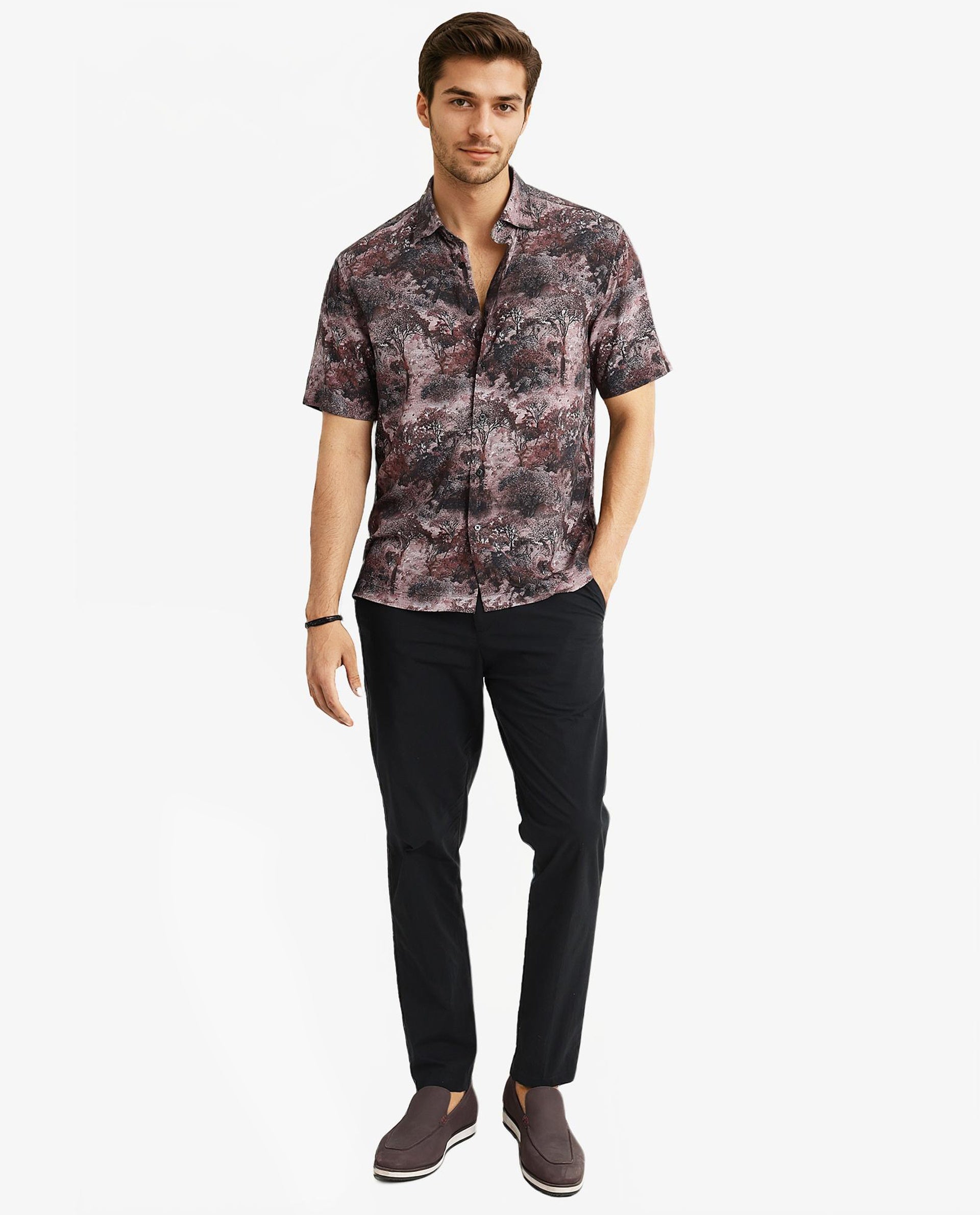 Rare Rabbit Men Froe Light Brown Viscose Fabric Short Sleeve Boxy Fit Tropical Print Shirt