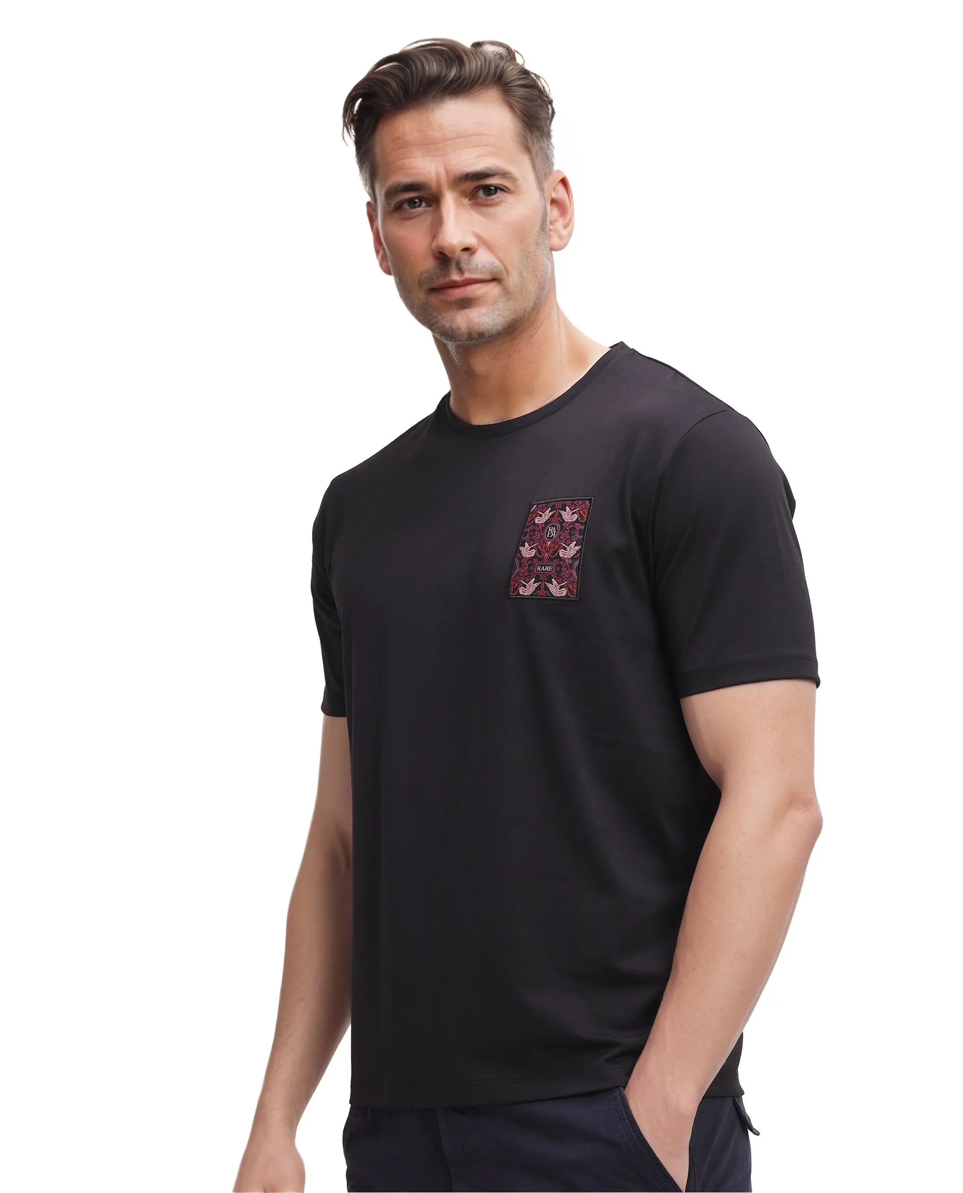 Rare Rabbit Men Frovik Black Short Sleeve Crew Neck Label Print T-Shirt