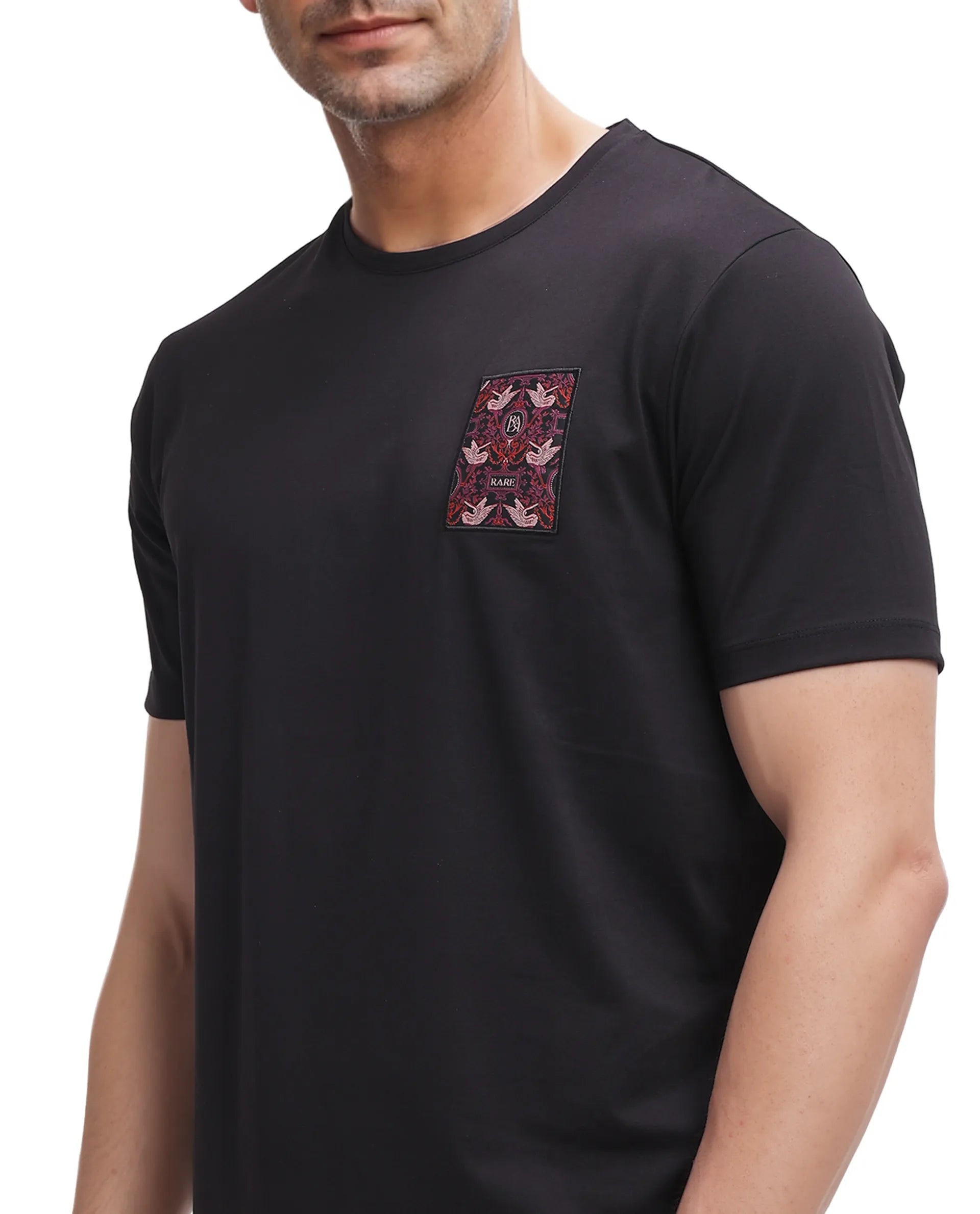 Rare Rabbit Men Frovik Black Short Sleeve Crew Neck Label Print T-Shirt