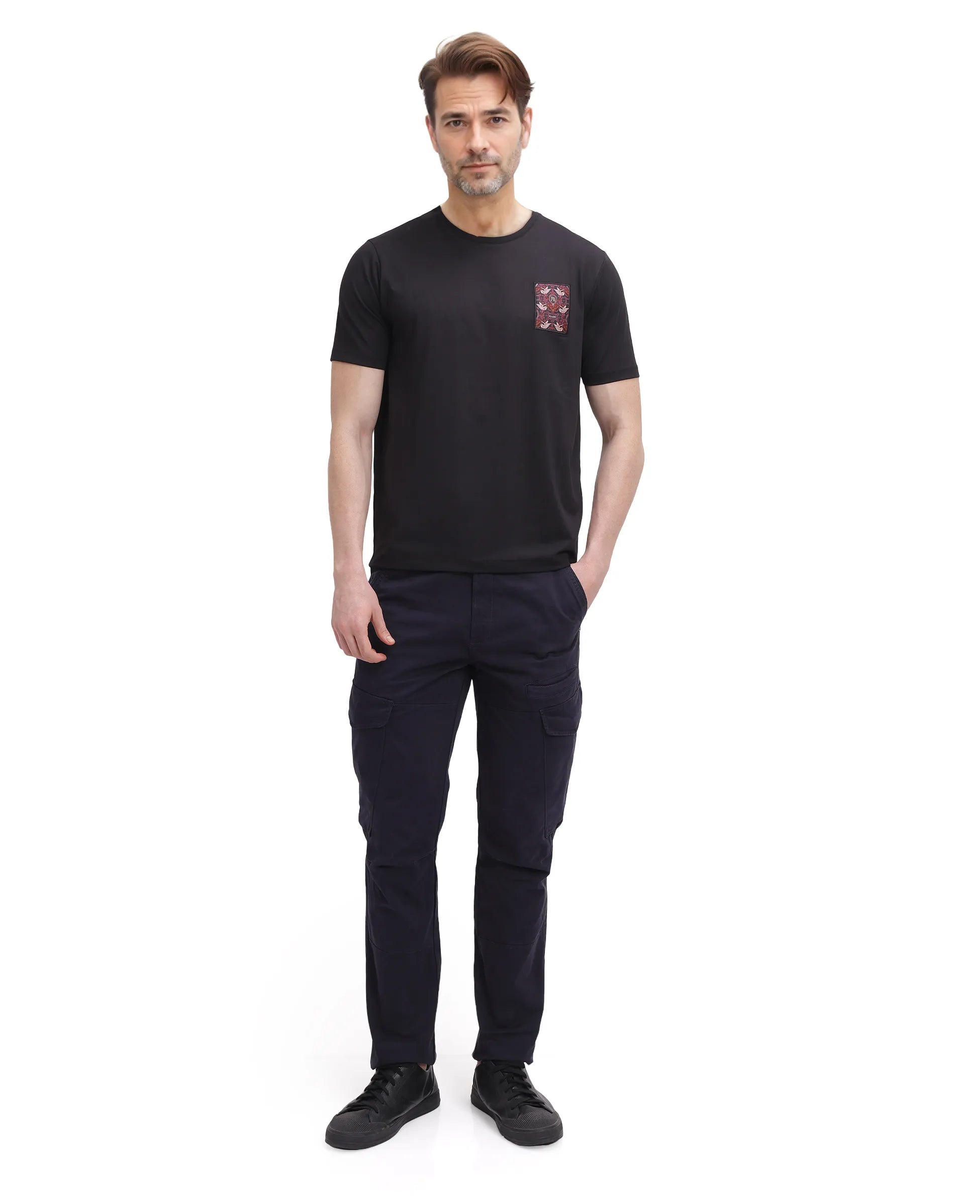 Rare Rabbit Men Frovik Black Short Sleeve Crew Neck Label Print T-Shirt