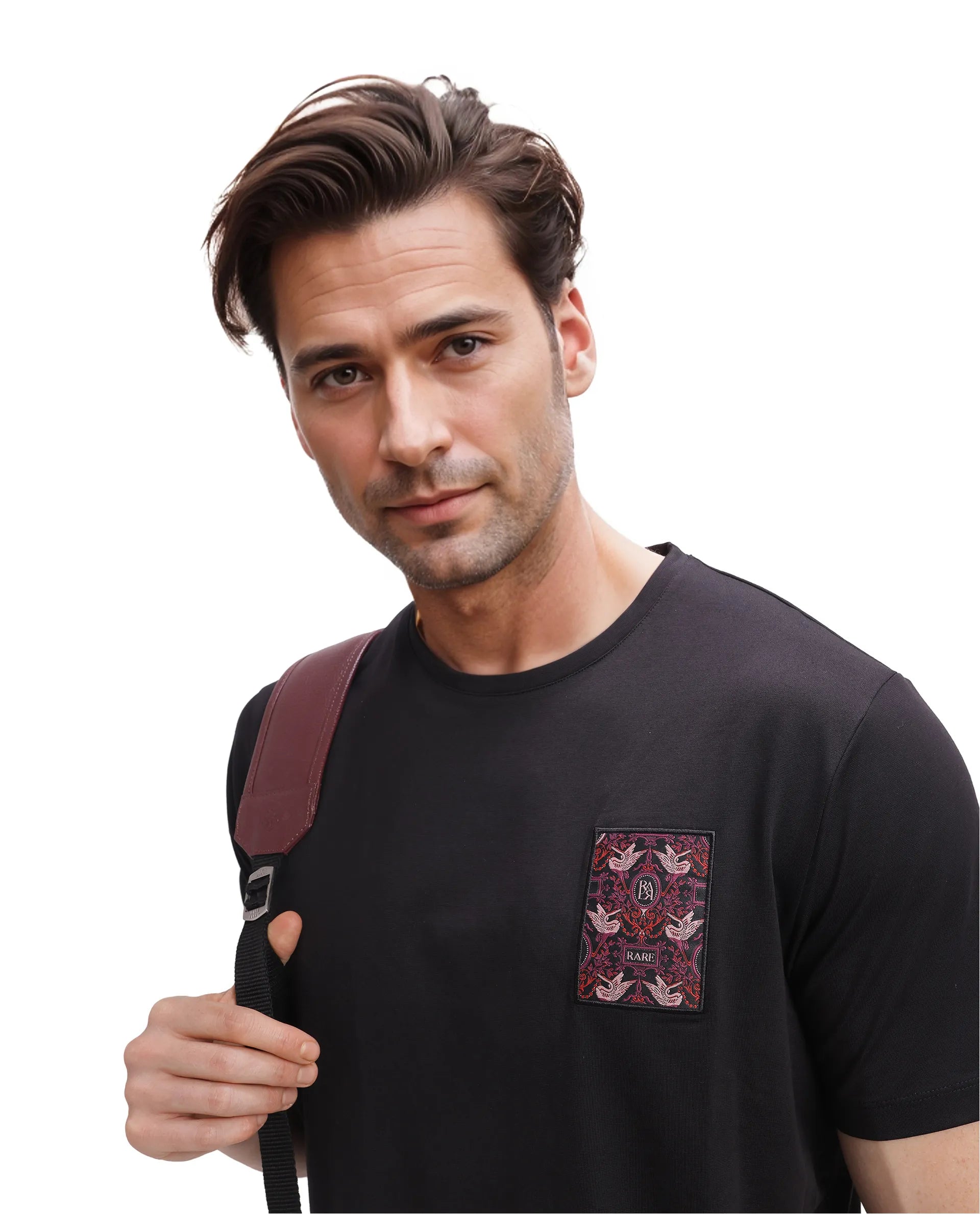 Rare Rabbit Men Frovik Black Short Sleeve Crew Neck Label Print T-Shirt