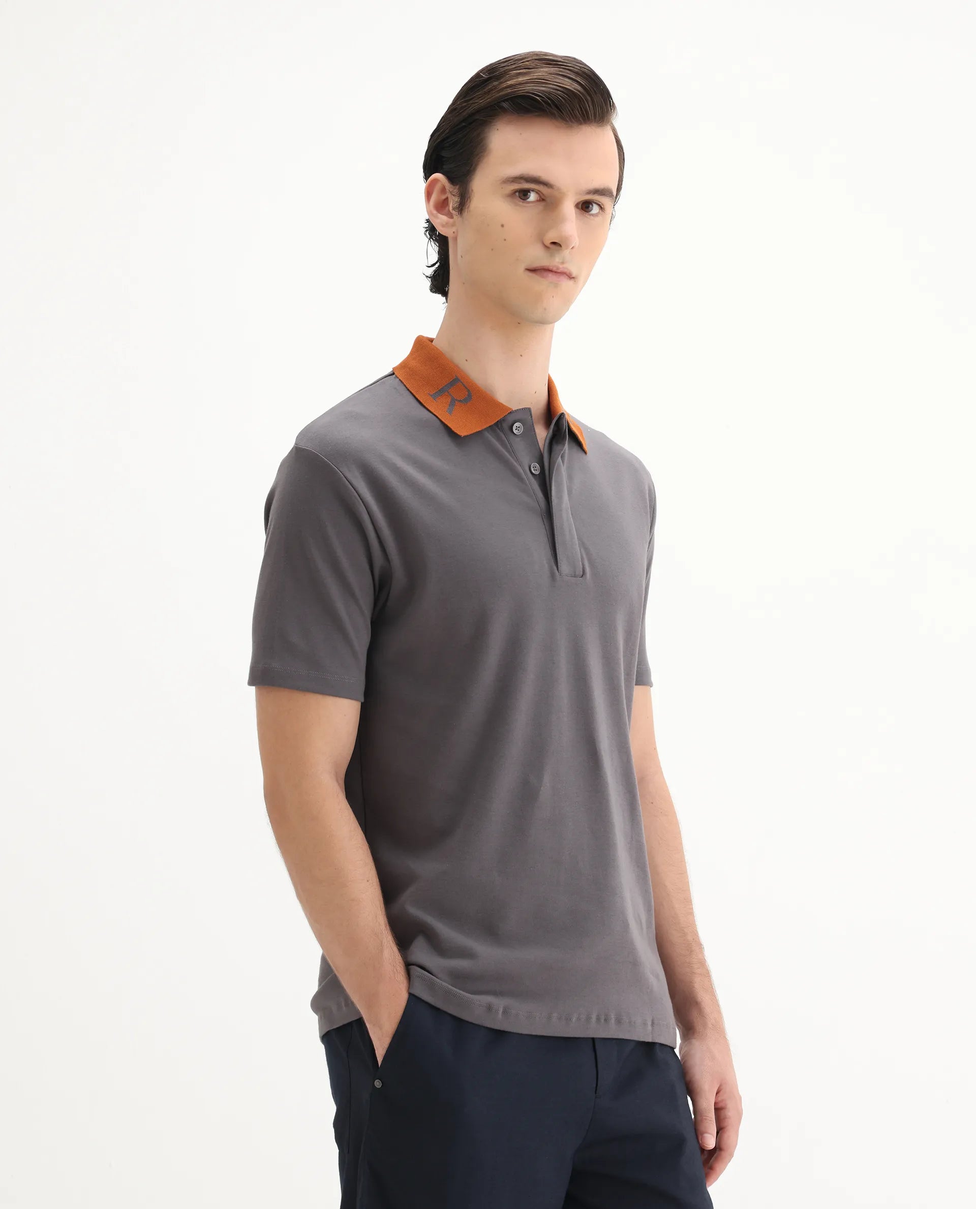 Rare Rabbit Men's Frow Grey Cotton Plain Regular Fit Half Sleeve Polo
