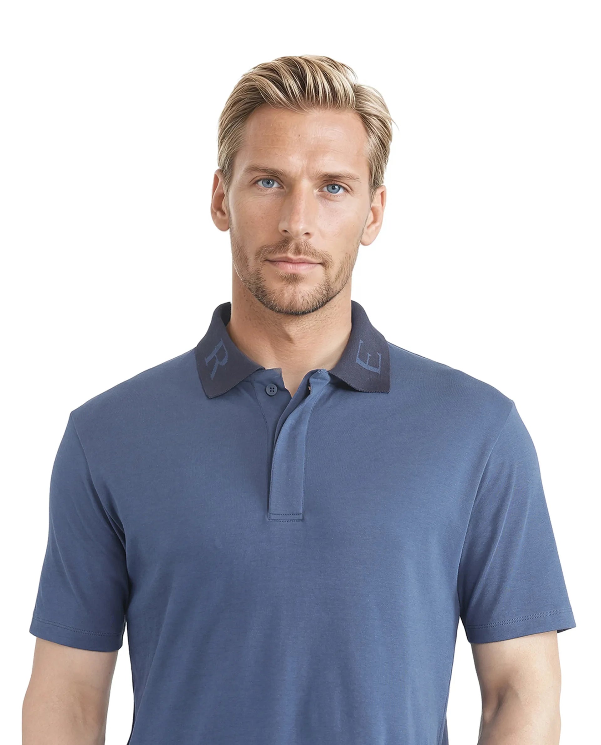 Rare Rabbit Men Frow Light Blue Cotton Fabric Short Sleeve Contrast Collar with Embroidered Details Button Closure Polo