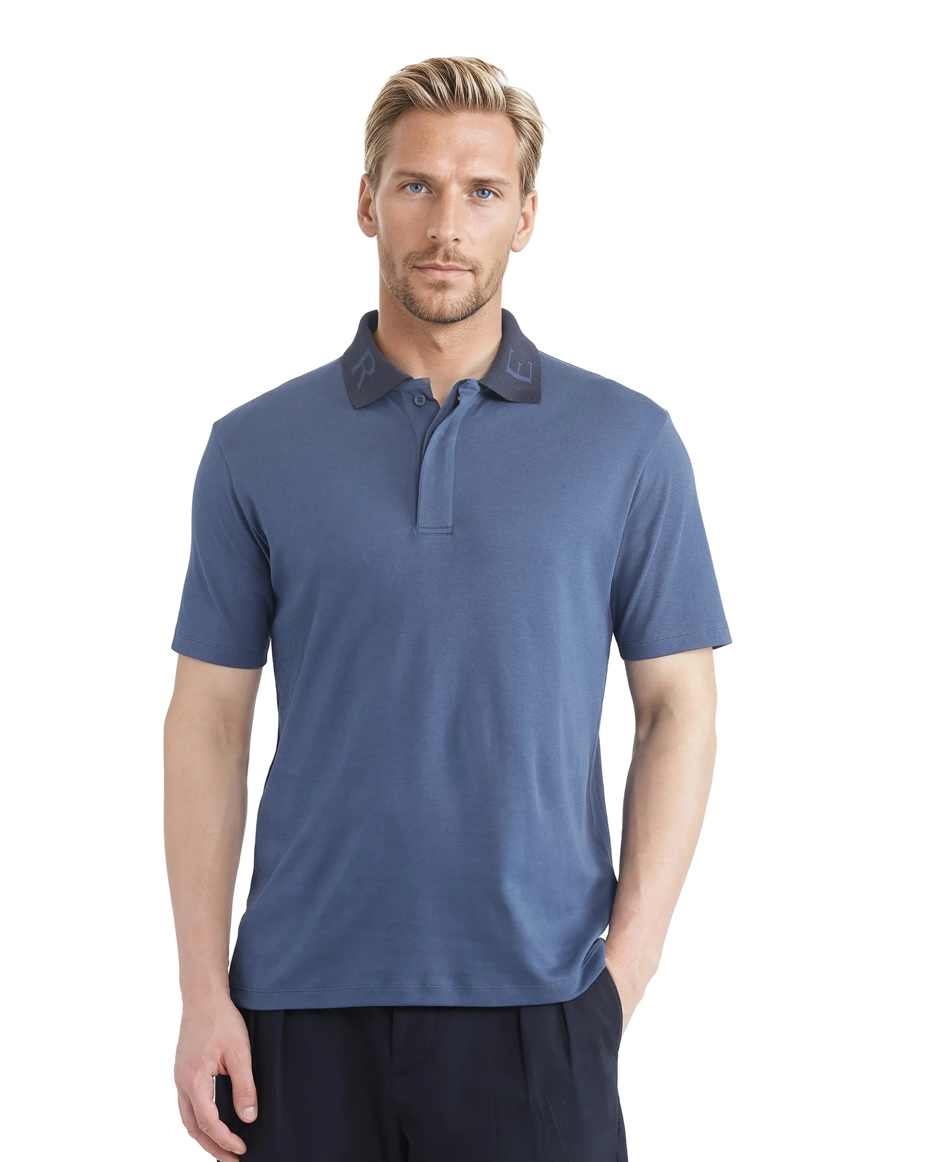 Rare Rabbit Men Frow Light Blue Cotton Fabric Short Sleeve Contrast Collar with Embroidered Details Button Closure Polo