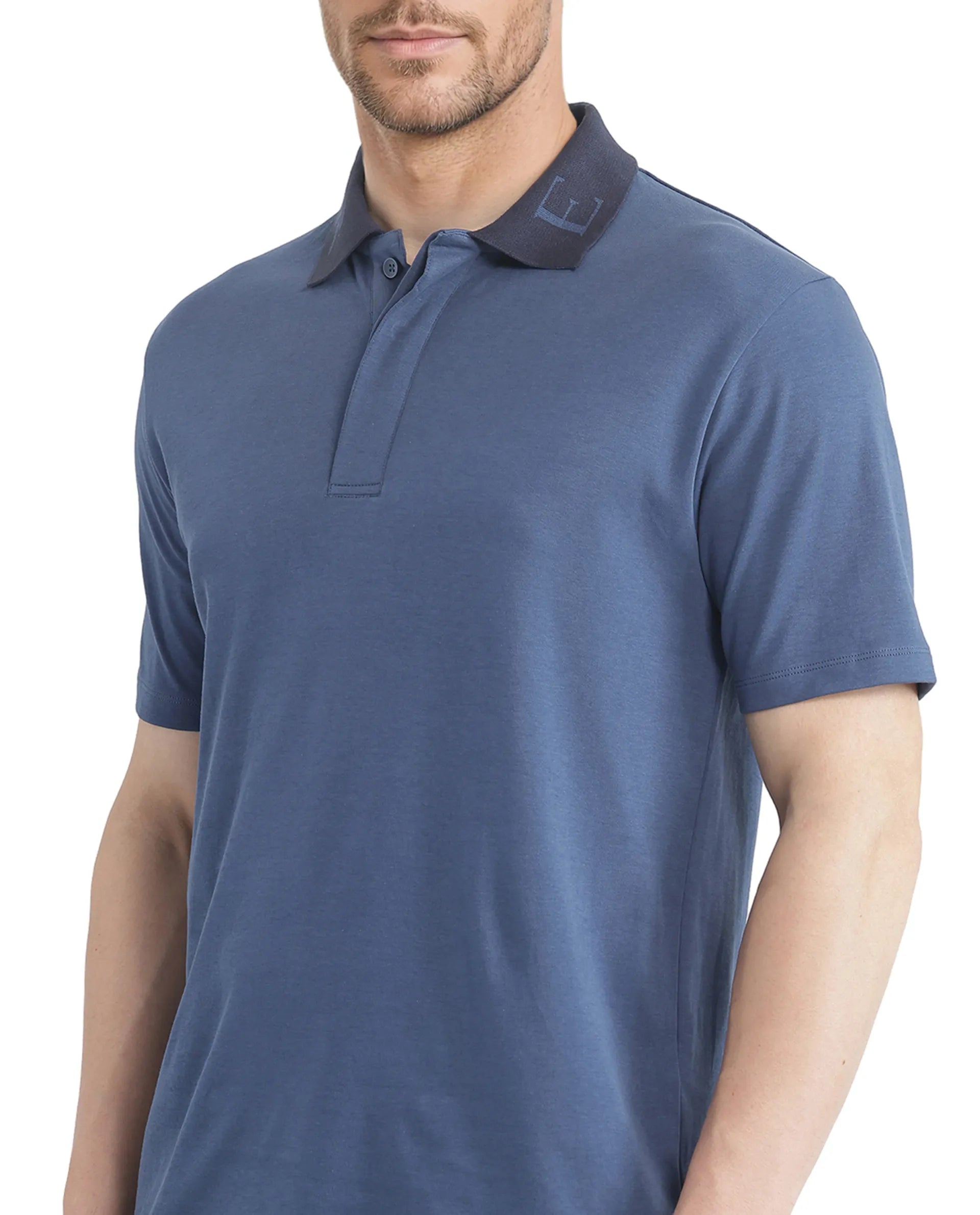 Rare Rabbit Men Frow Light Blue Cotton Fabric Short Sleeve Contrast Collar with Embroidered Details Button Closure Polo