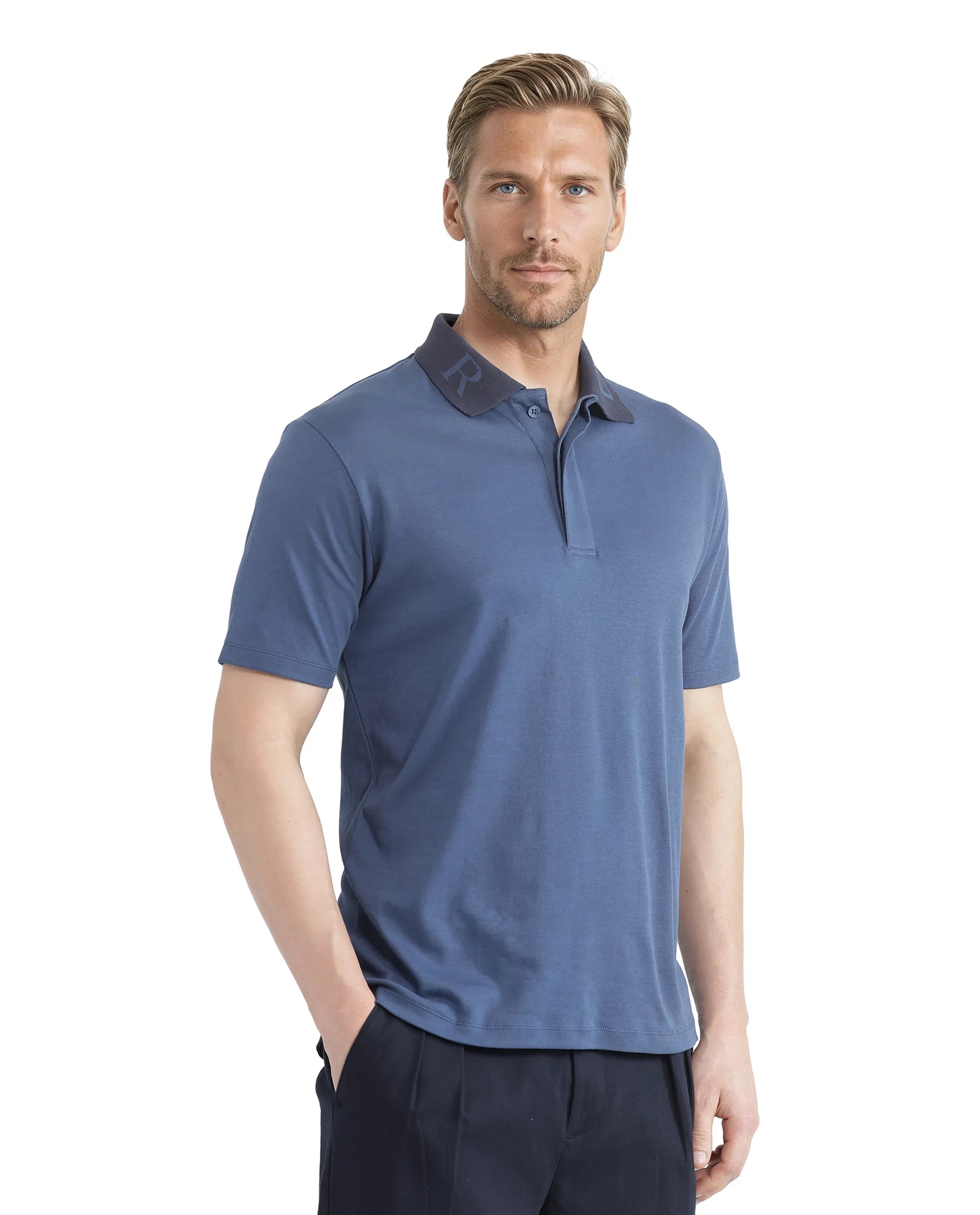 Rare Rabbit Men Frow Light Blue Cotton Fabric Short Sleeve Contrast Collar with Embroidered Details Button Closure Polo