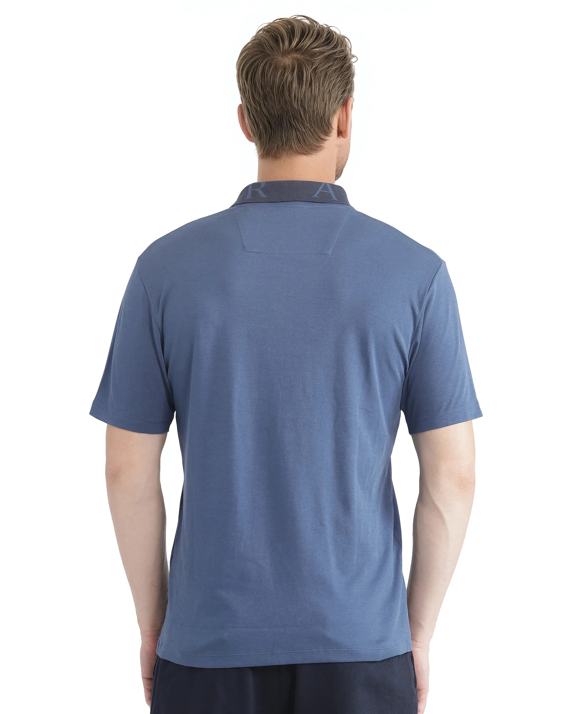 Rare Rabbit Men Frow Light Blue Cotton Fabric Short Sleeve Contrast Collar with Embroidered Details Button Closure Polo